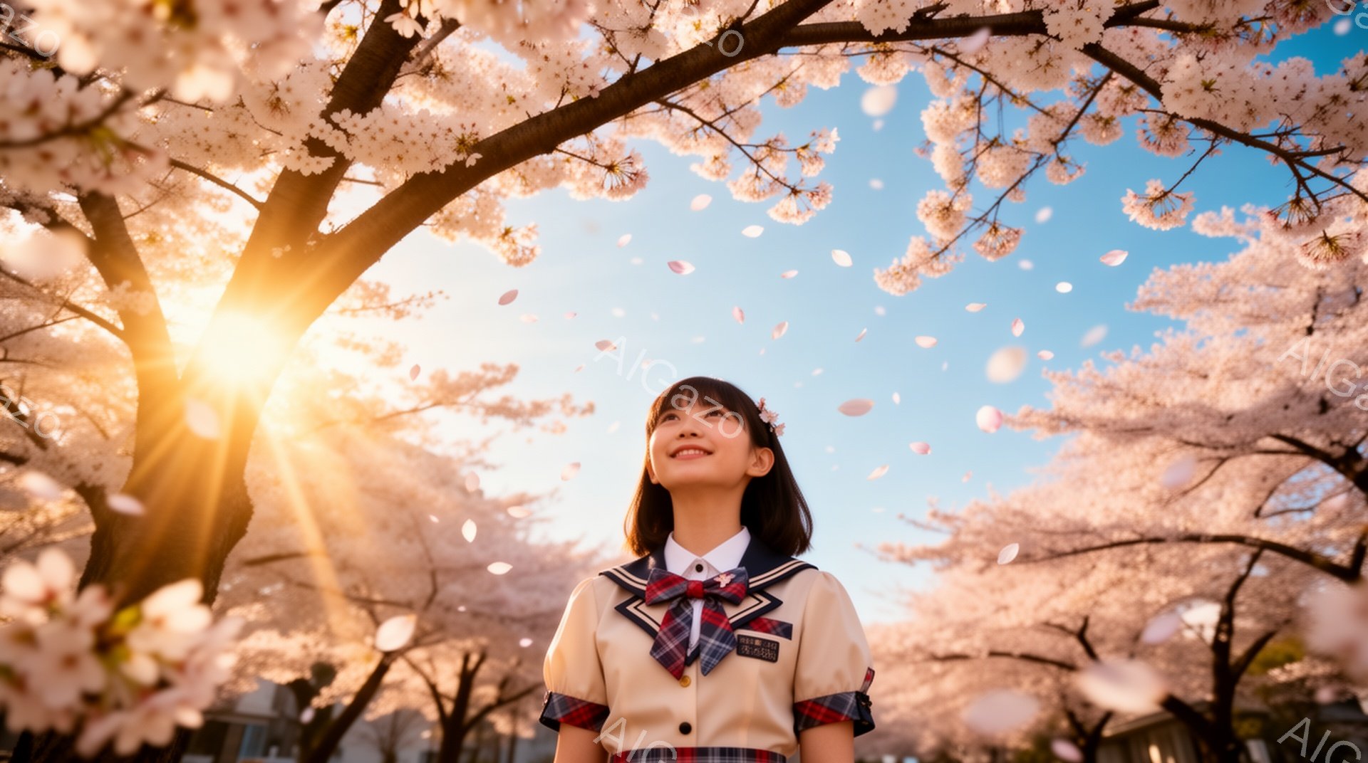 桜の花びらが舞い散る中、制服を着た若い女性が空を見上げています。彼女は明るい笑顔を見せ、ブラウン系のヘアスタイルで、少し上向きに視線を送っています。背景には桜並木が広がり、夕焼けのような暖かい光が差し込み、春の穏やかで希望に満ちた雰囲気が漂っています。