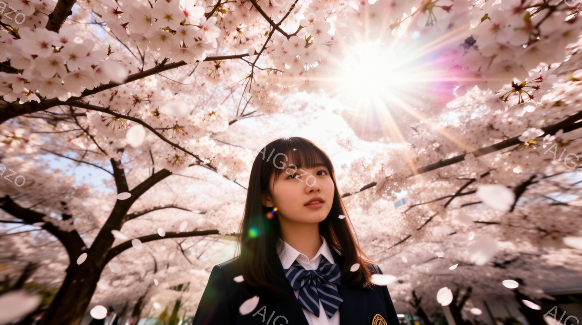 少女は紺色のブレザーに、白のシャツと水色のネクタイを着用し、制服姿でカメラを見つめている。黒髪のぱっつん前髪と、少し微笑んだ表情が印象的で、左耳には赤いアクセサリーをつけている。背景には満開の桜並木が - AI生成フリー素材