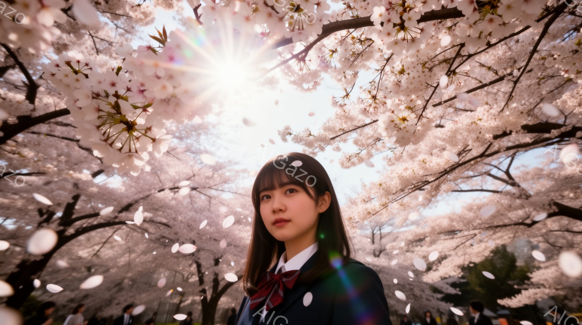 画像は、桜の花びらが舞う中で、制服を着た若い女性が正面を見ている様子を捉えています。彼女は、茶色の前髪とストレートの黒髪を持ち、少し微笑んだ表情で、赤いネクタイと紺色のブレザーを着ています。背景には、 - AI生成フリー素材
