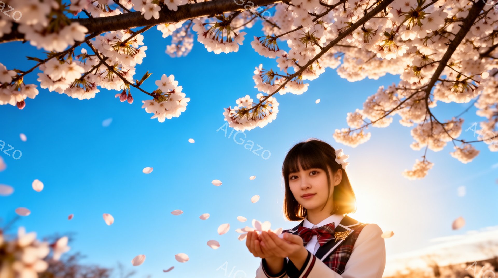 桜の花びらが舞い散る中、制服を着た若い女性が両手を広げて花びらを受け止めている。彼女は短い黒髪で、前髪は揃っており、少し微笑んだ表情でカメラを見つめている。背景は青空と桜の満開の木々で、逆光のため、暖 - AI生成フリー素材