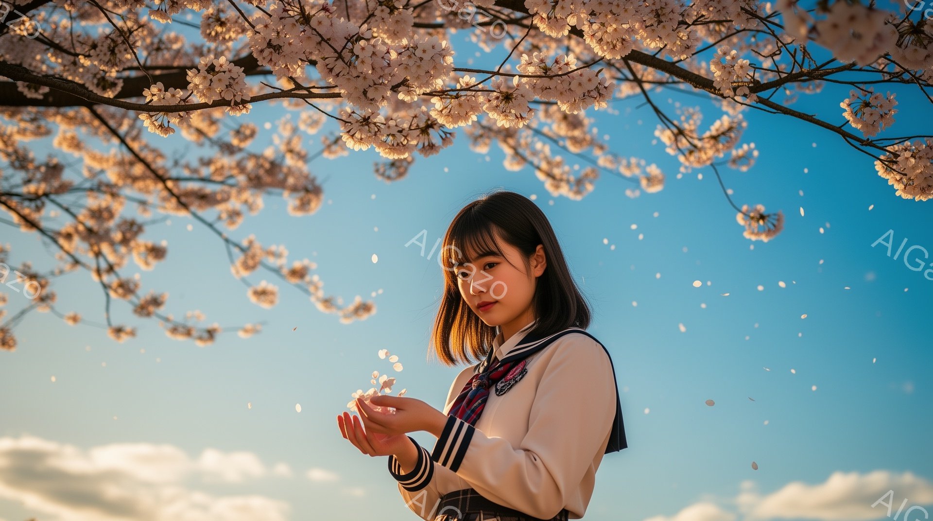 画像には、桜の花びらが舞う中、制服を着た若い女性が写っています。彼女は少し微笑み、片手を前に出して花びらを優しく受け止めるようにしています。背景には青空と桜の木々が広がり、春の暖かく穏やかな雰囲気を醸 - AI生成フリー素材