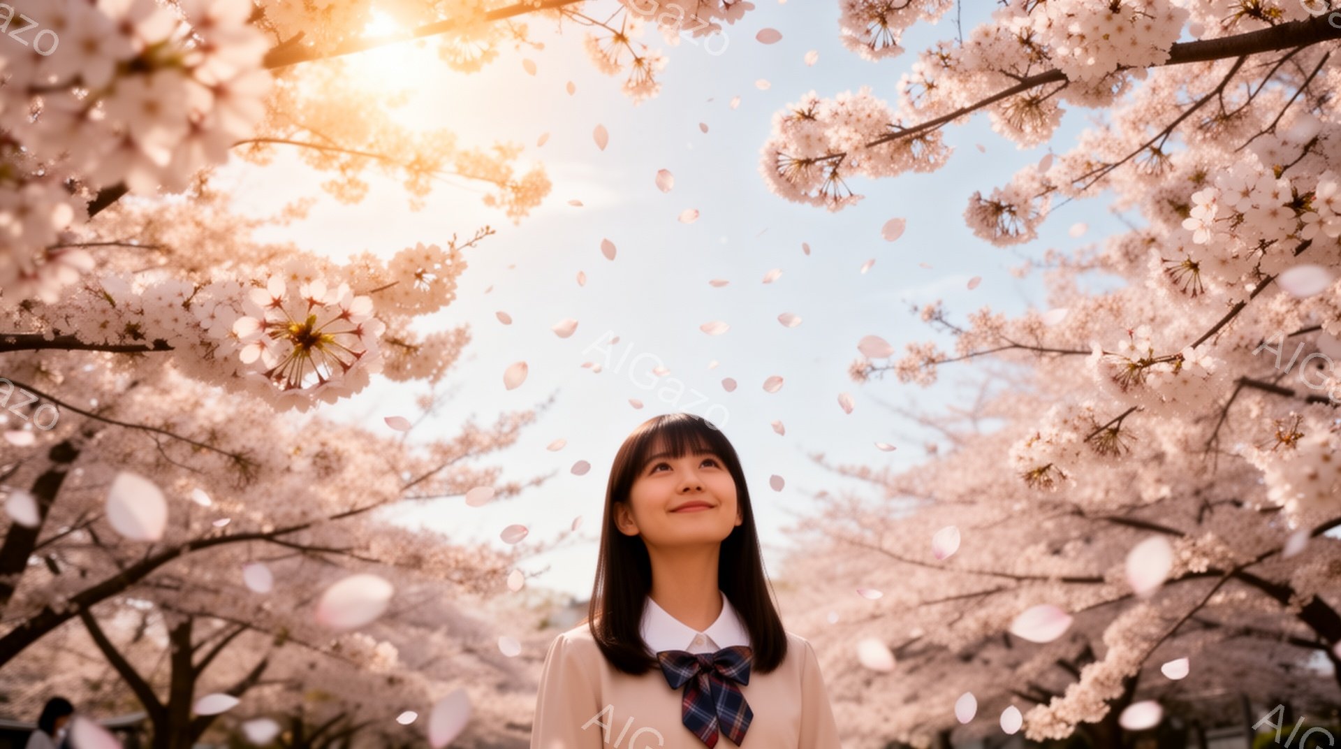 明るい日差しの中、黒髪の女性が桜並木の下を見上げている。紺色のブレザーにチェックのネクタイ、白いシャツという制服姿で、穏やかな微笑みを浮かべている。背景には満開の桜が咲き乱れ、舞い散る花びらが幻想的な - AI生成フリー素材
