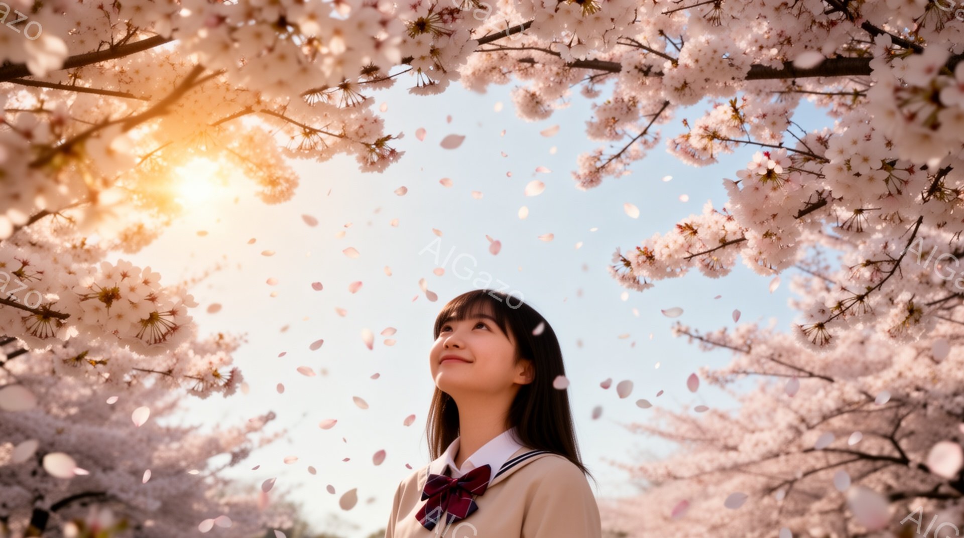 黒髪のロングヘアをセンターパートにした若い女性が、桜の花びらが舞う中で空を見上げています。彼女は白いブラウスにチェックのスカート、赤いリボンをつけた制服を着ており、春の訪れを感じさせる優しい表情をして - AI生成フリー素材