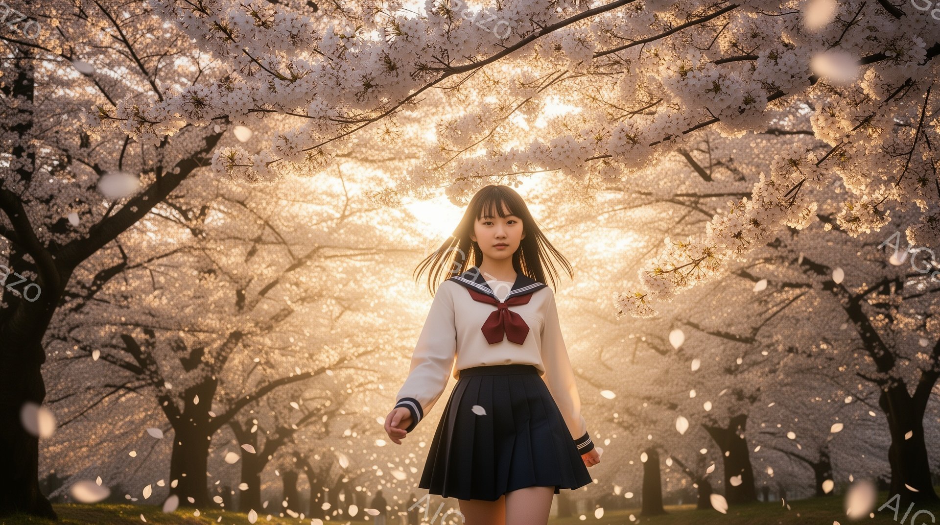 黒髪の少女が、白いブラウスと黒いプリーツスカート、リボン付きのセーラー服を着て、桜並木の中を歩いている。 彼女は前を見据え、わずかに微笑んでいる。 背景は満開の桜並木で、桜の花びらが舞い、暖かい春の陽 - AI生成フリー素材