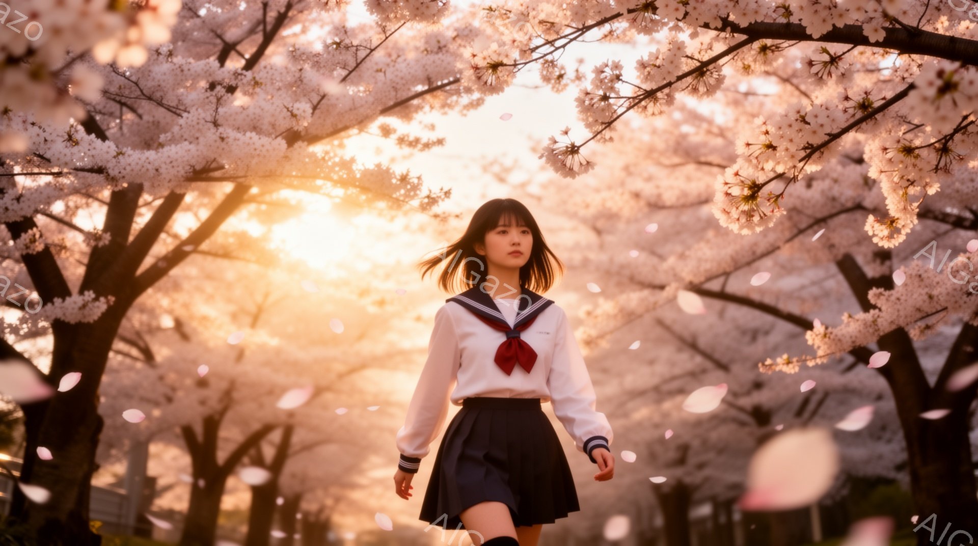 セーラー服を着た少女が、桜並木の中を歩いている。彼女は黒髪で、前髪が少し目にかかっている。背景は桜の花びらが舞い散る明るい空と、ぼやけた建物で、春の暖かく、少し物憂げな雰囲気を醸し出している。 - AI生成フリー素材