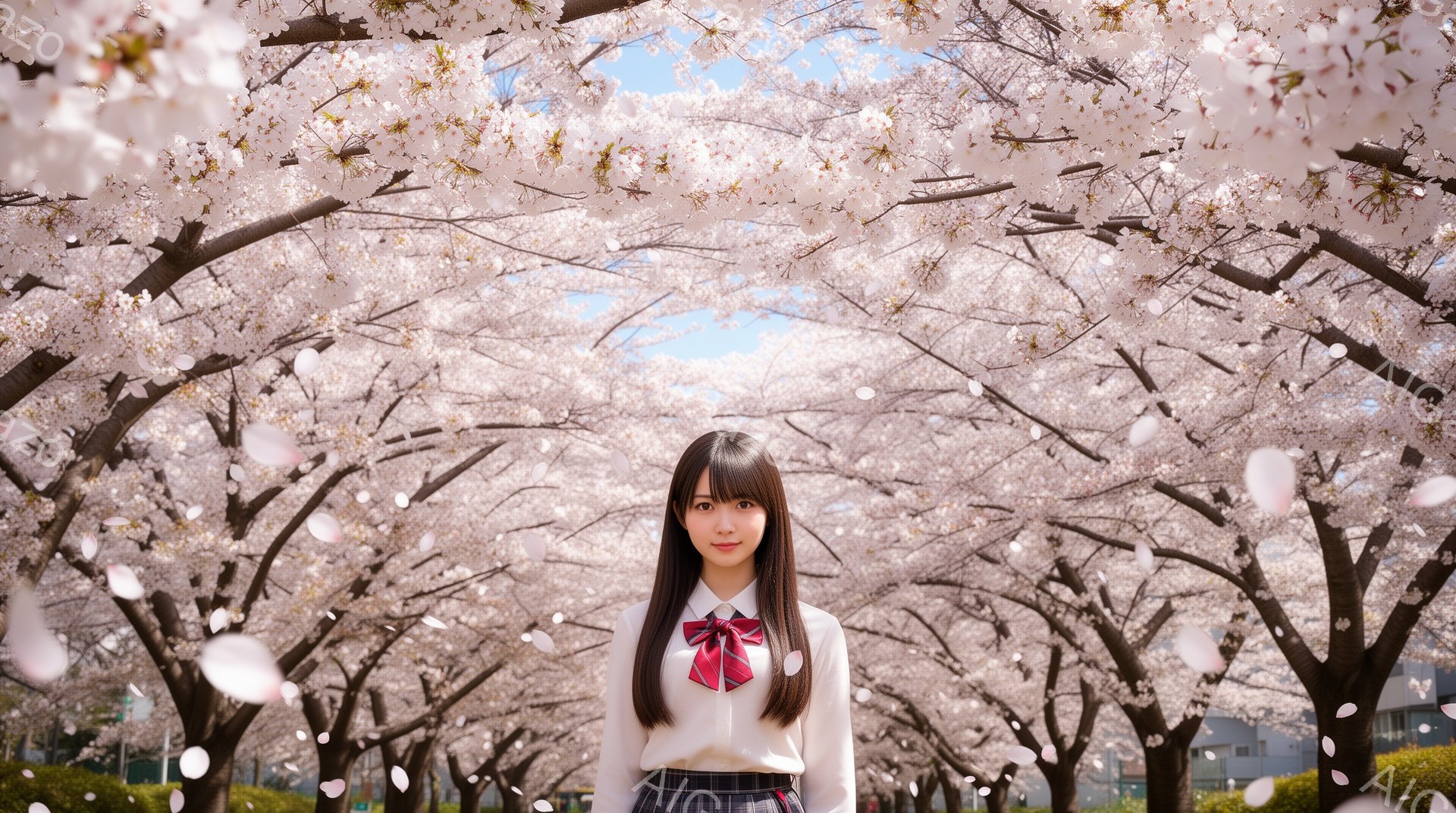 明るい笑顔の若い女性が、満開の桜並木の間に立っている。白いブラウスにチェックのスカート、赤いリボンが可愛らしい制服姿で、黒髪のストレートヘアを肩まで伸ばしている。背景には桜の花びらが舞い、春の暖かく穏やかな雰囲気が漂っている。