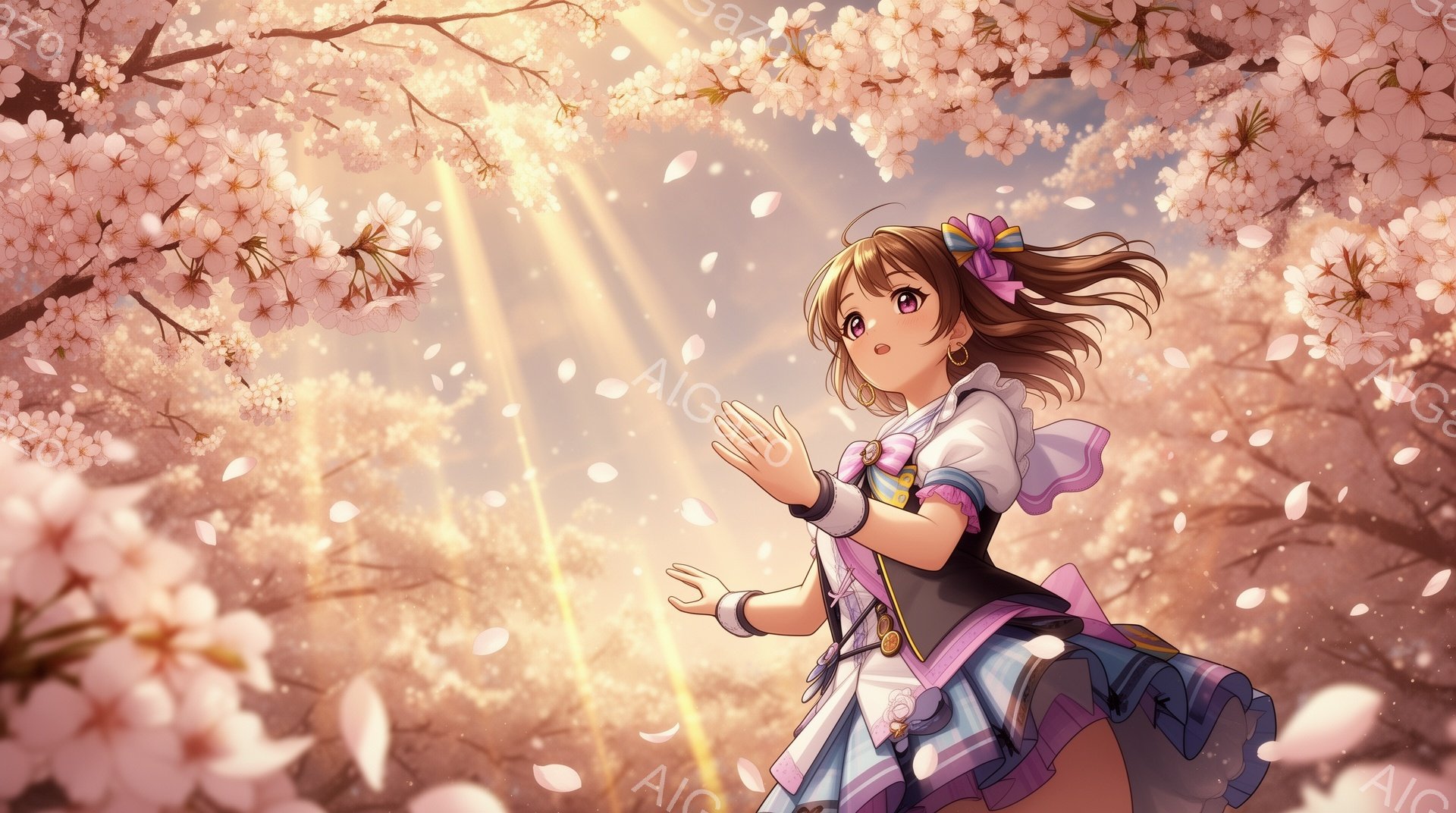 明るい茶色の髪にピンクのリボンをつけた少女が、桜の花びらが舞う中、手を広げて楽しんでいる様子が描かれています。彼女は黒とピンクのフリルとリボンがあしらわれた衣装を着ており、まるでアイドルのような可愛らしい姿です。背景は満開の桜並木で、光が差し込み、春の暖かく幻想的な雰囲気を醸し出しています。