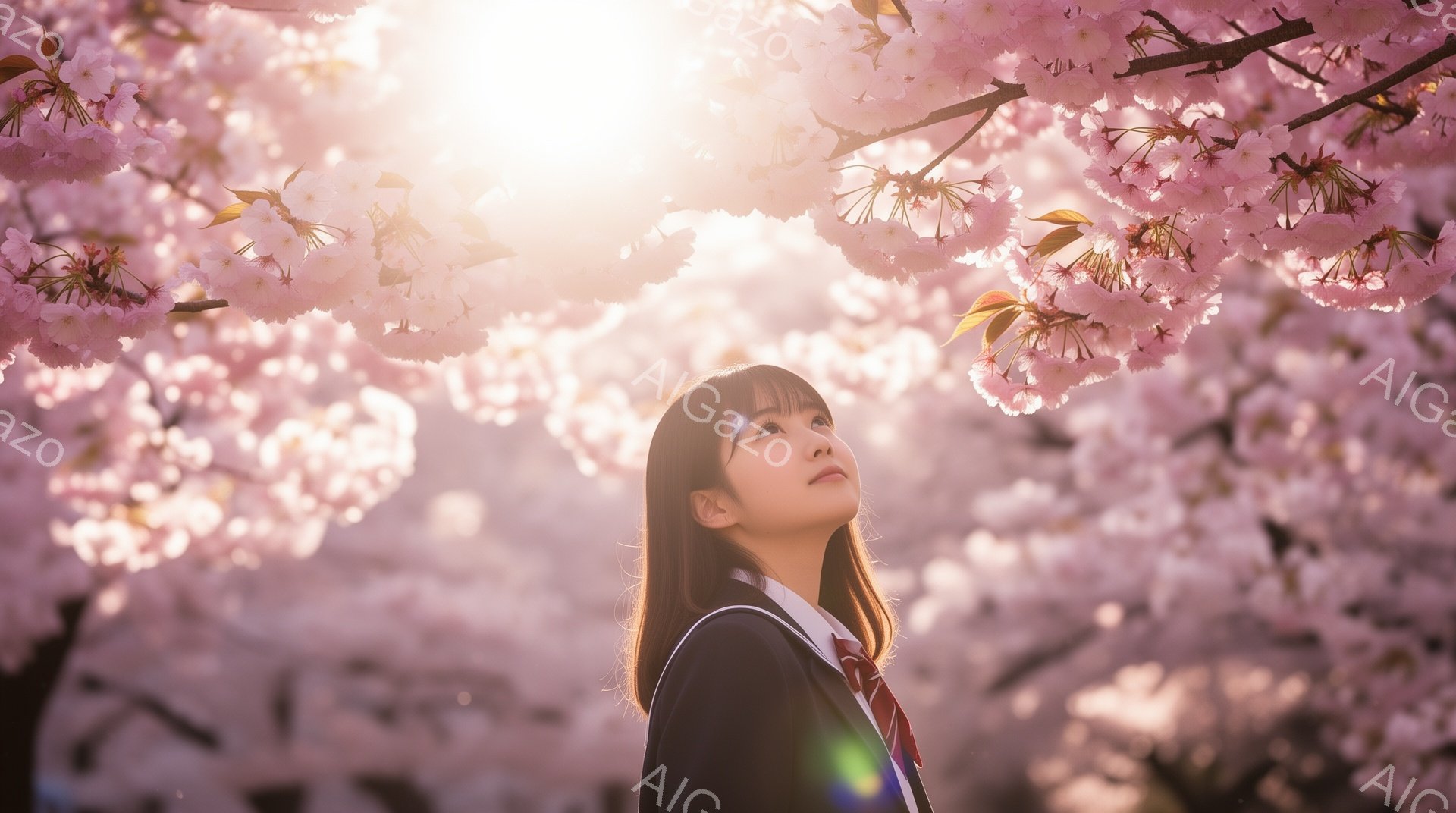若い女性が桜並木の真下で上を見上げています。彼女は制服を着ており、長い茶色の髪は肩にかかっています。背景にはぼやけた桜の木々が広がり、柔らかい光が差し込み、春の穏やかでロマンチックな雰囲気を醸し出しています。