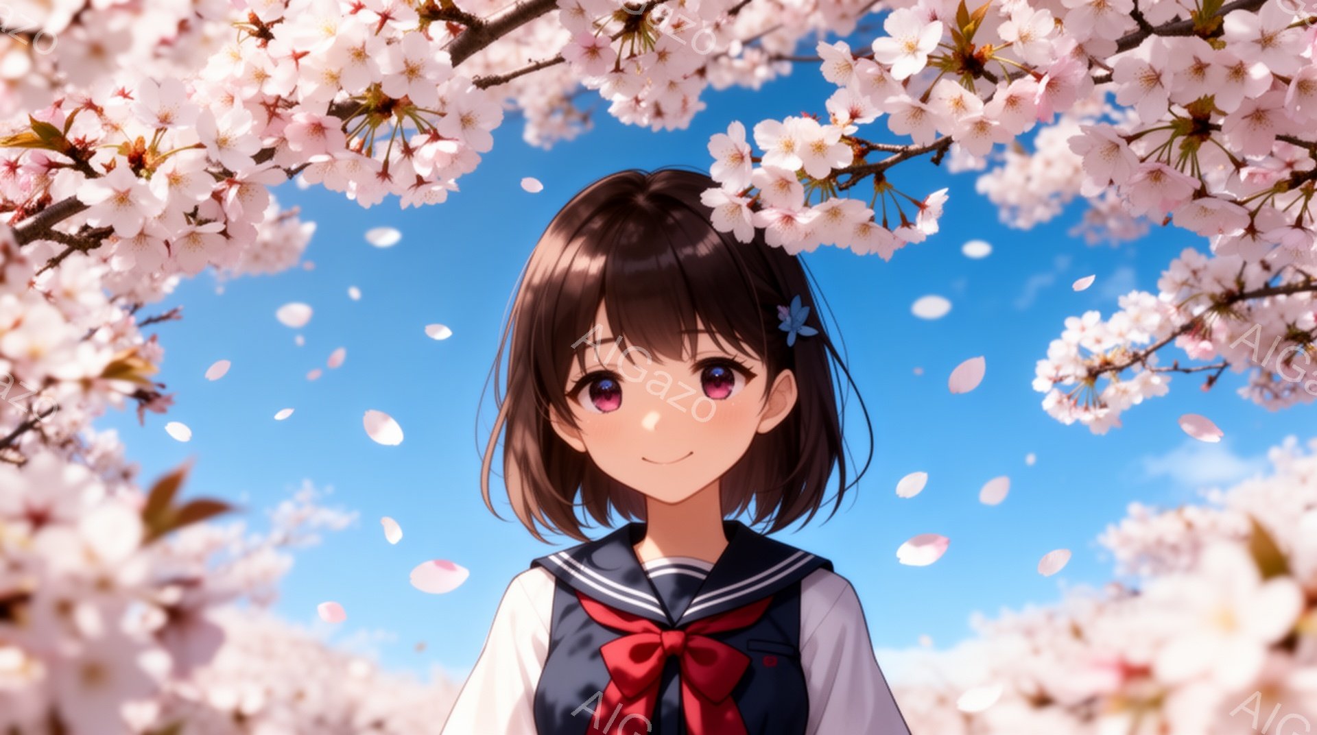 短い茶色の髪に、前髪が少しカールした少女が描かれています。紺色のセーラー服に赤いリボンを締め、少し顔を上げて微笑んでいます。背景には、満開の桜並木と青空が広がり、桜の花びらが舞い散る様子が春の暖かな雰 - AI生成フリー素材