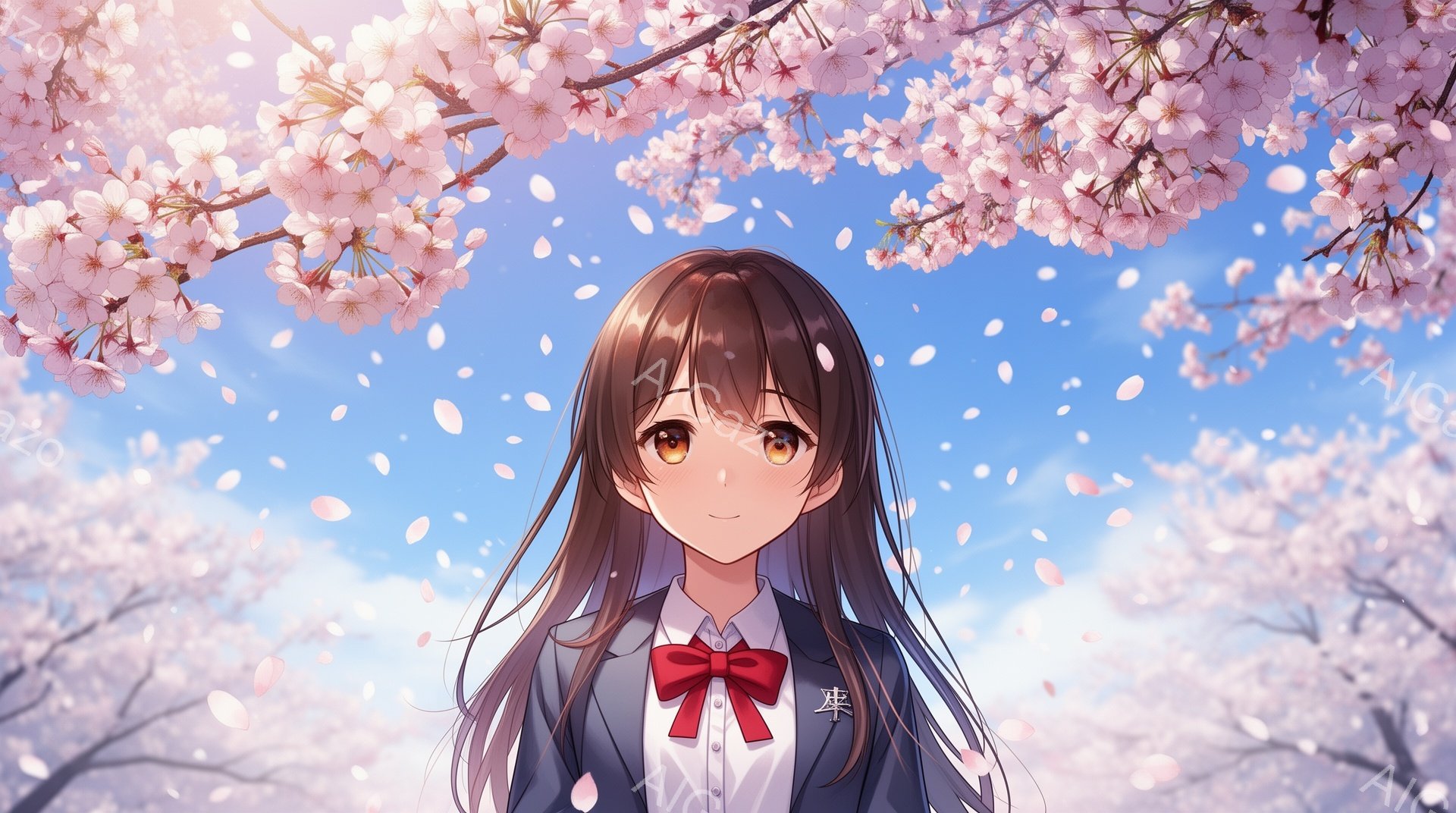 長い茶色の髪に赤色のリボンをつけた女子高生が描かれています。彼女は制服を着ており、桜の花びらが舞い散る背景の下で、穏やかで優しい表情を浮かべています。空は明るい青色で、桜の木が咲き誇り、春の暖かくロマ - AI生成フリー素材