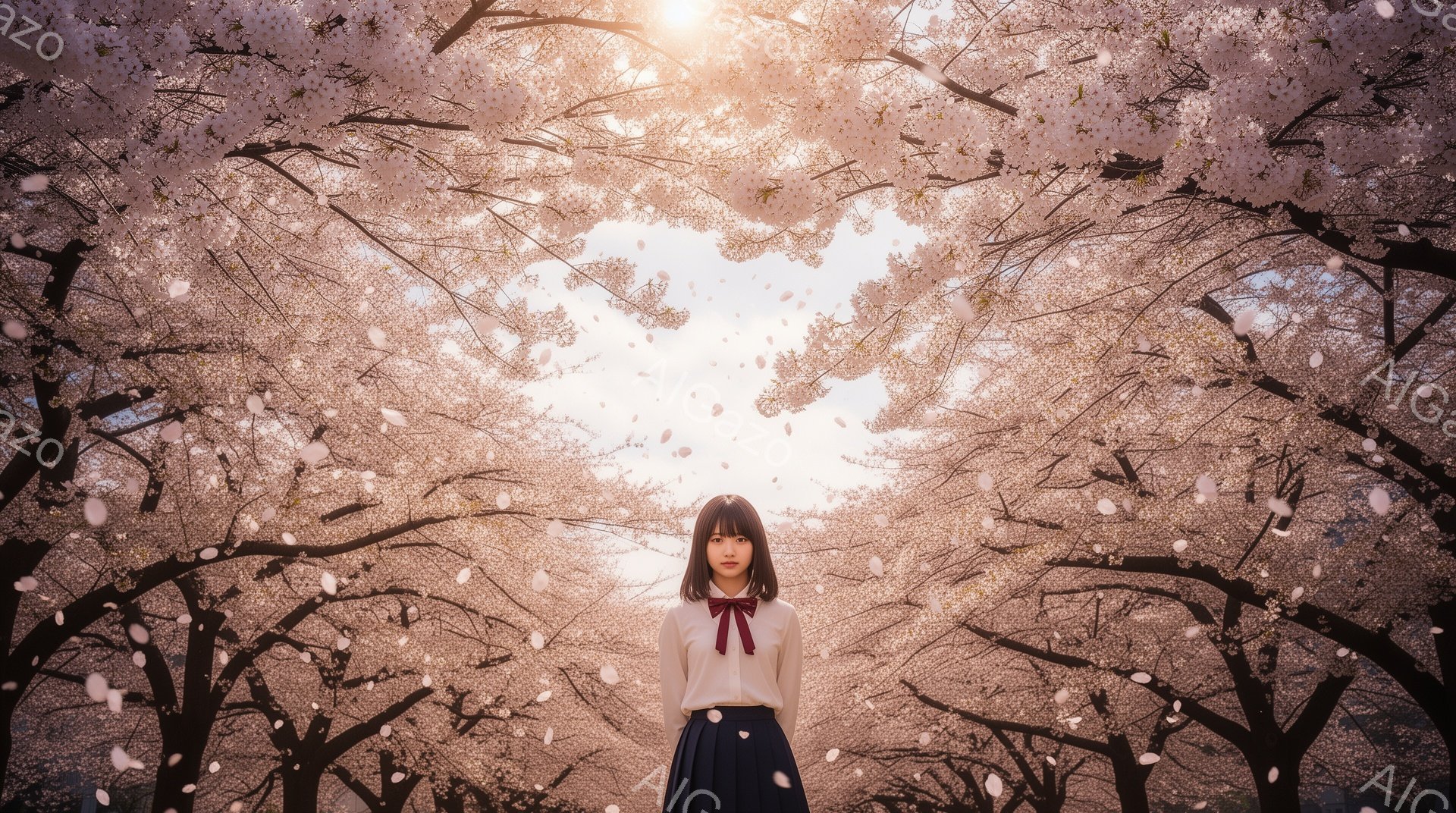 画像には、桜並木のトンネルの中に立つ若い女性が写っています。彼女は白いシャツに赤いリボン、濃い色のプリーツスカートを着用し、黒髪をセンターパートにしています。桜の花びらが舞い散る中で、彼女は正面をまっ - AI生成フリー素材