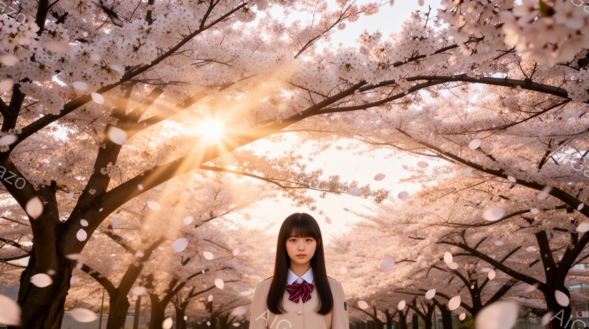 黒髪の若い女性が、桜並木の中央に立っている。彼女は制服姿で、赤いネクタイがアクセントになっている。背景は満開の桜並木で、太陽光が差し込み、花びらが舞い散る幻想的な雰囲気を作り出している。