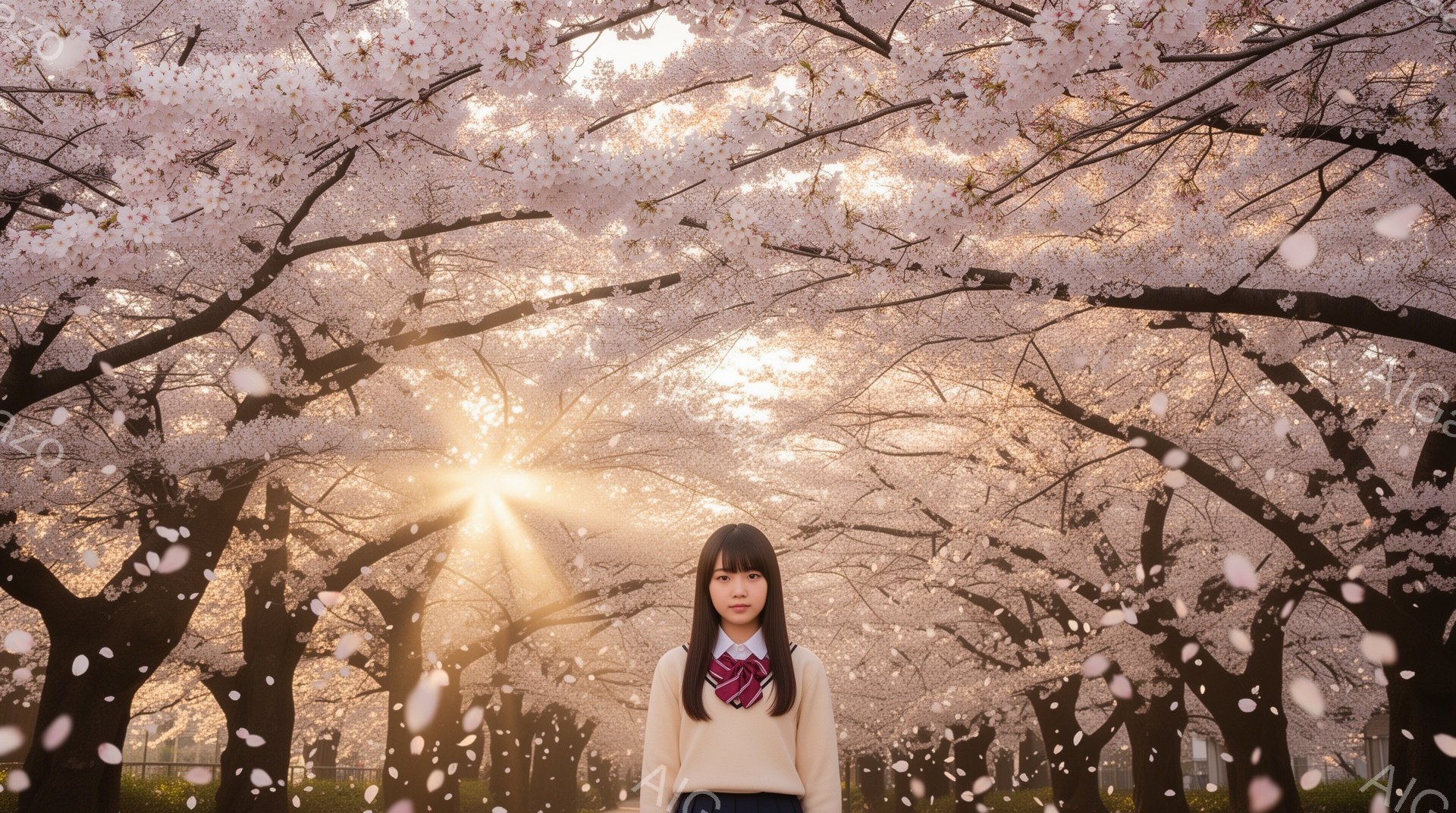 画像には、桜並木の中央に立つ若い女性が写っている。彼女は白いセーターとチェック柄のスカート、赤いネクタイを着用し、黒髪のストレートヘアを肩まで伸ばしている。背景は満開の桜並木で、光が差し込み、幻想的な雰囲気を醸し出している。