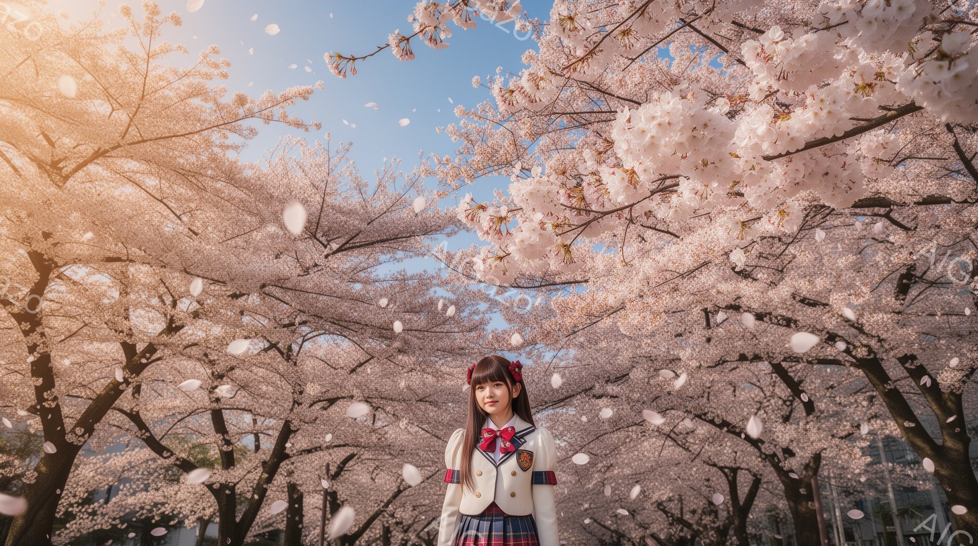 明るい桜並木の前に、制服を着た若い女性が立っている。彼女は紺色のリボンとチェック柄のスカートを身に着け、微笑みを浮かべている。背景には、満開の桜並木が広がり、春の穏やかな雰囲気を演出している。 - AI生成フリー素材