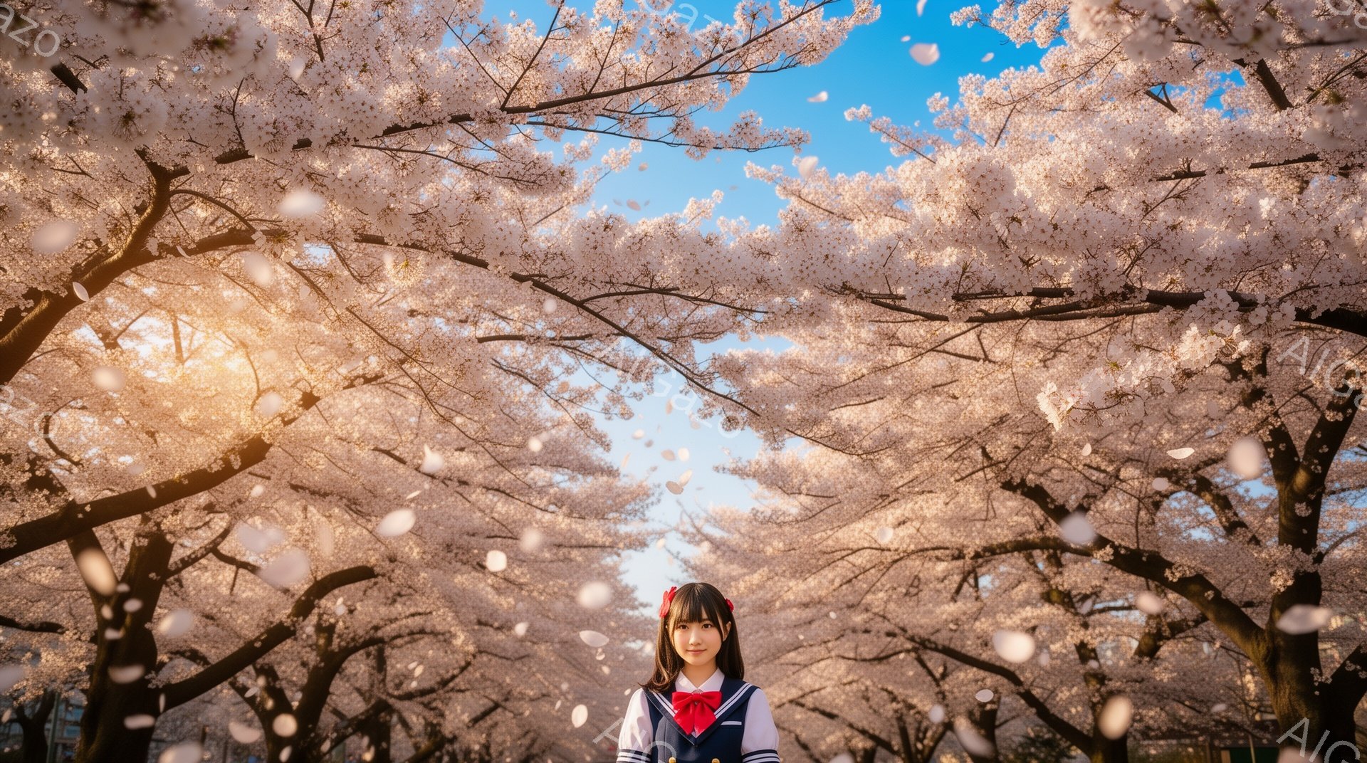 画像には、桜並木の下で微笑む女子高生が写っている。彼女は紺色のブレザーに白いシャツ、赤いリボンタイを着用し、黒髪を肩まで伸ばし、前髪をふさふさに整えている。背景は満開の桜で、花びらが舞い散り、青空が垣 - AI生成フリー素材