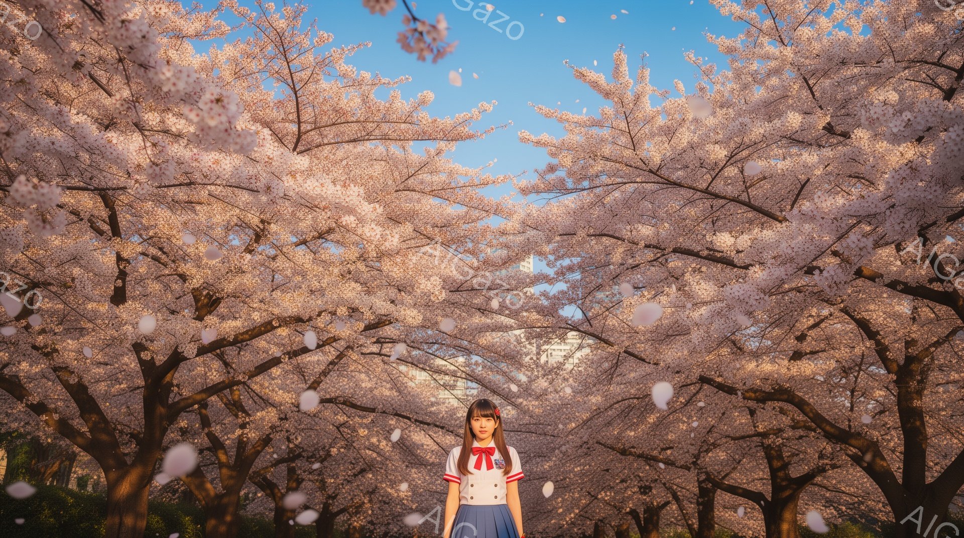 画像には、桜並木の真ん中に立つ若い女性が写っています。彼女はセーラー服を着ており、茶色の長い髪はストレートに整えられています。背景には、ぼやけた建物と、満開の桜が舞い散る青空が広がっており、春の暖かく優しい雰囲気が漂っています。