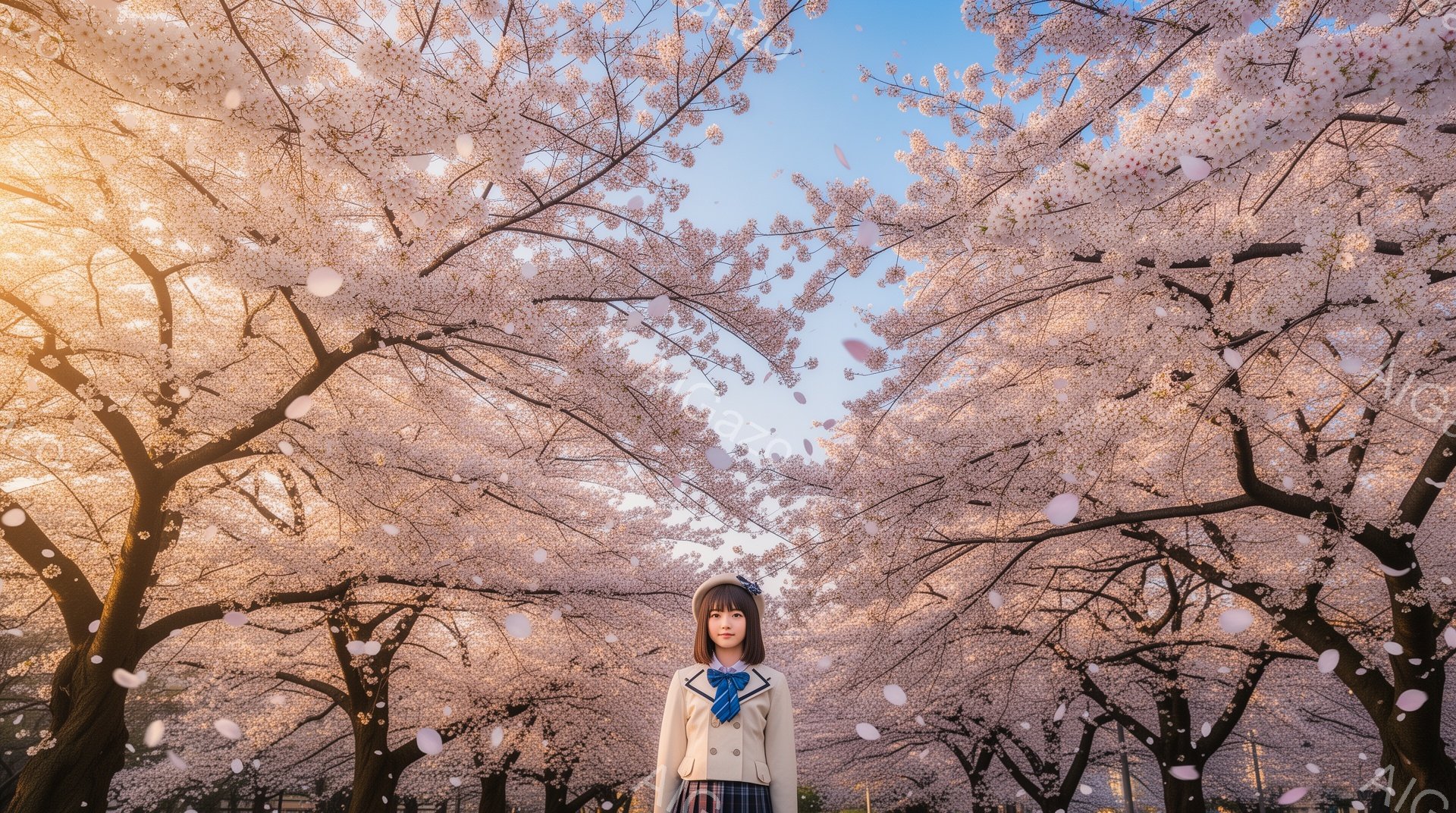 画像は、桜並木の中に立つ女子学生を描いています。彼女は紺色のブレザーにチェックのスカート、白いブラウスを着用し、首に青いネクタイを締めています。桜の花びらが舞い散る中、彼女は正面を見据え、少し微笑んだ表情で、春の訪れを感じさせる穏やかな雰囲気を醸し出しています。