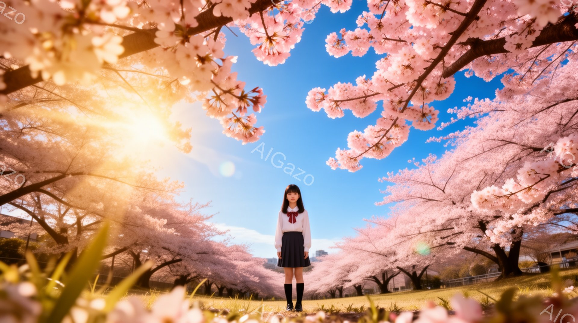 制服を着た少女が、満開の桜並木の間に立っている。彼女は黒髪で、前髪は眉毛にかかる程度に切り揃えられ、スカートと膝上ソックスを履いている。背景には青空と、ピンク色の桜が咲き乱れる美しい風景が広がり、春の - AI生成フリー素材