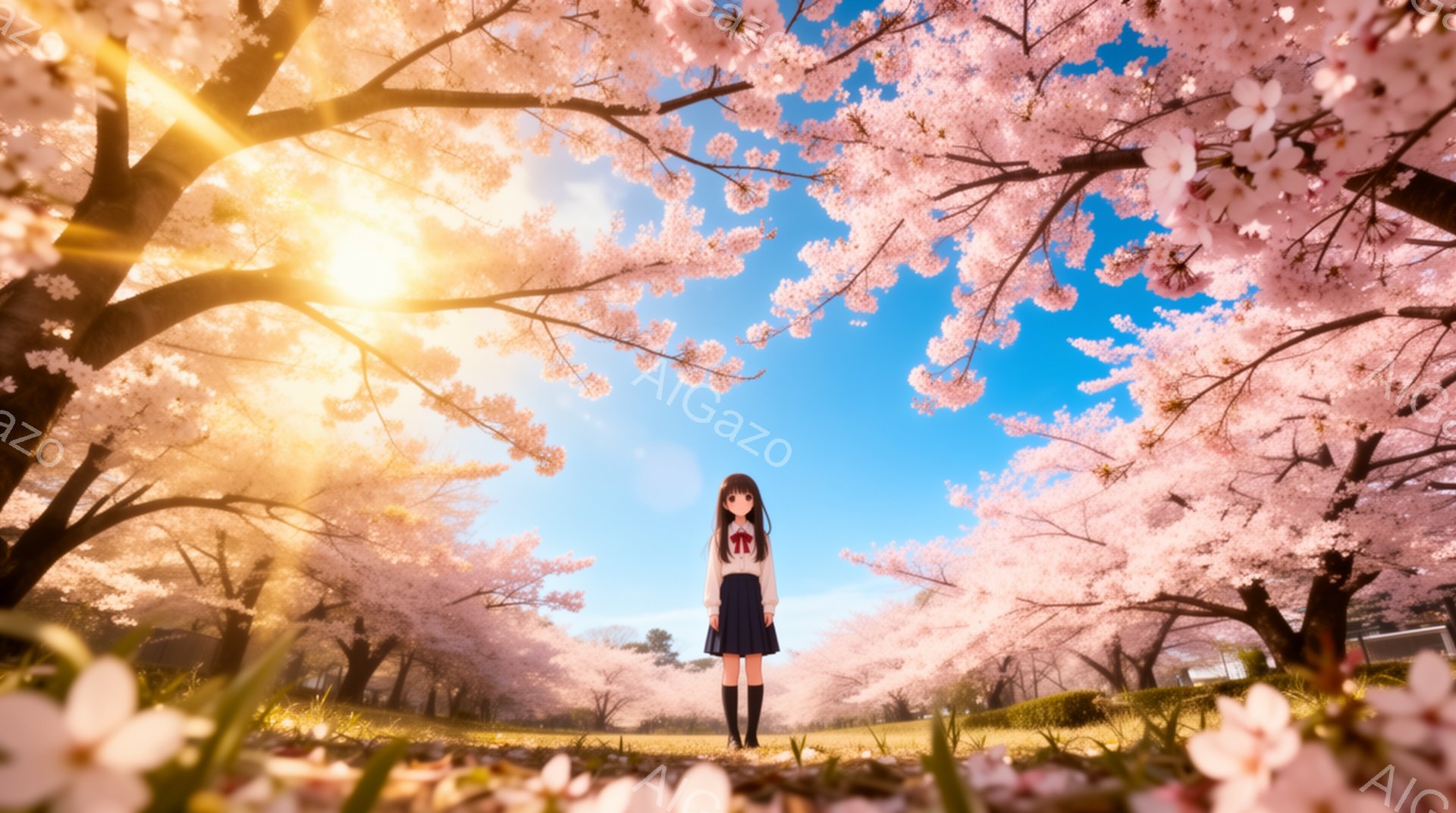少女は、ピンク色の桜並木の間に立っており、紺色のスカートと白いセーラー服を着ています。彼女は黒髪で、前髪が目にかかっています。背景には青空と桜の木々が広がり、明るく暖かい春の雰囲気を醸し出しています。 - AI生成フリー素材