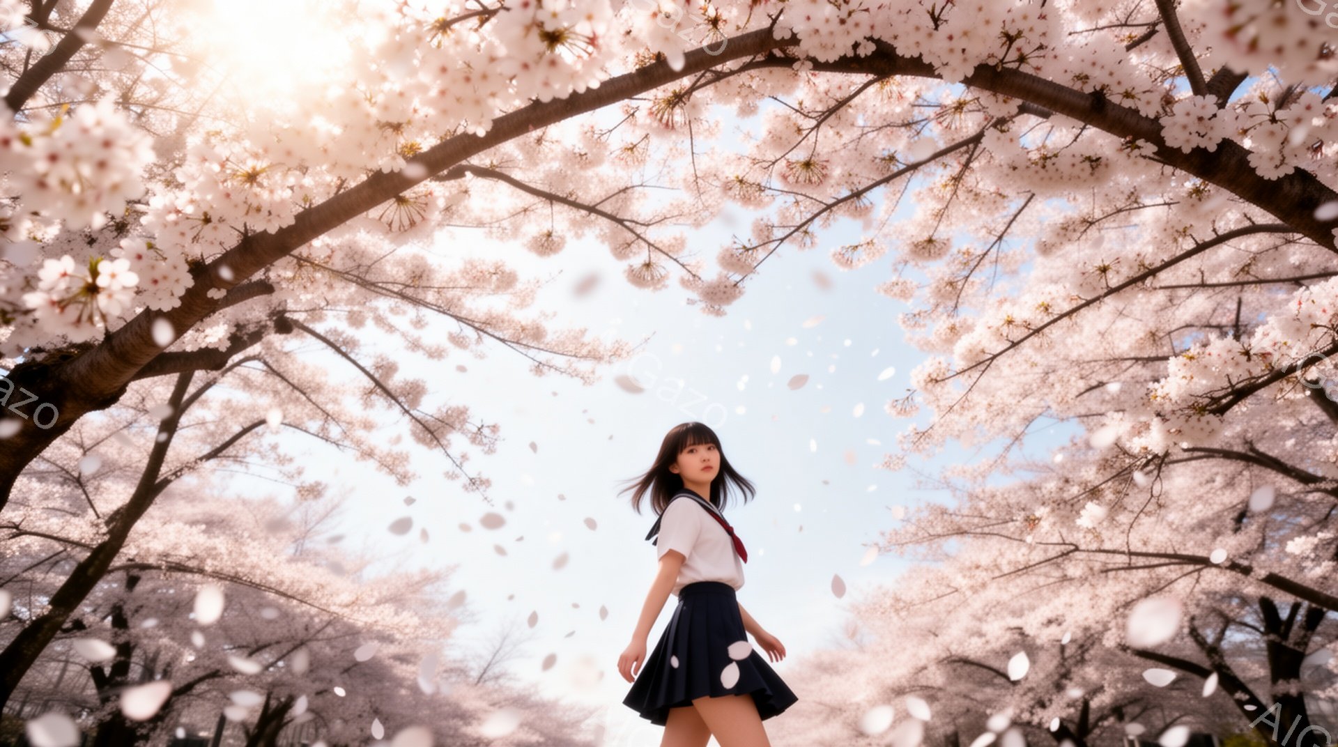 画像には、桜の花びらが舞い散る中、セーラー服の少女が写っています。彼女は長い黒髪で、少し微笑んでおり、横を向いて遠くを見つめています。背景は満開の桜並木で、明るい日差しが差し込み、春の暖かく幻想的な雰 - AI生成フリー素材
