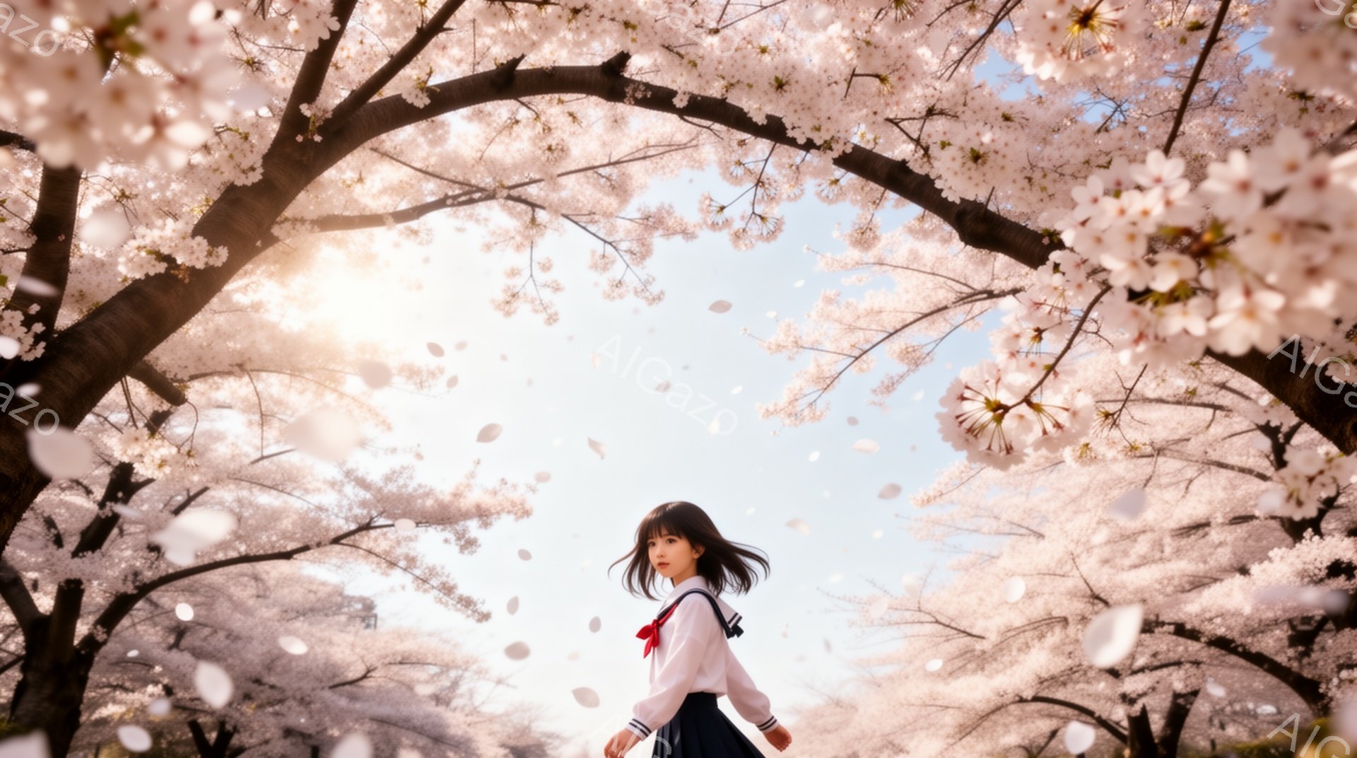 明るい日差しの下、桜並木を歩く女子高生が写っている。紺色のセーラー服に身を包み、茶色の髪を肩まで伸ばして、少し横を向いている。桜の花びらが舞い散る中、彼女は少し微笑んでいるように見え、春の暖かな雰囲気 - AI生成フリー素材