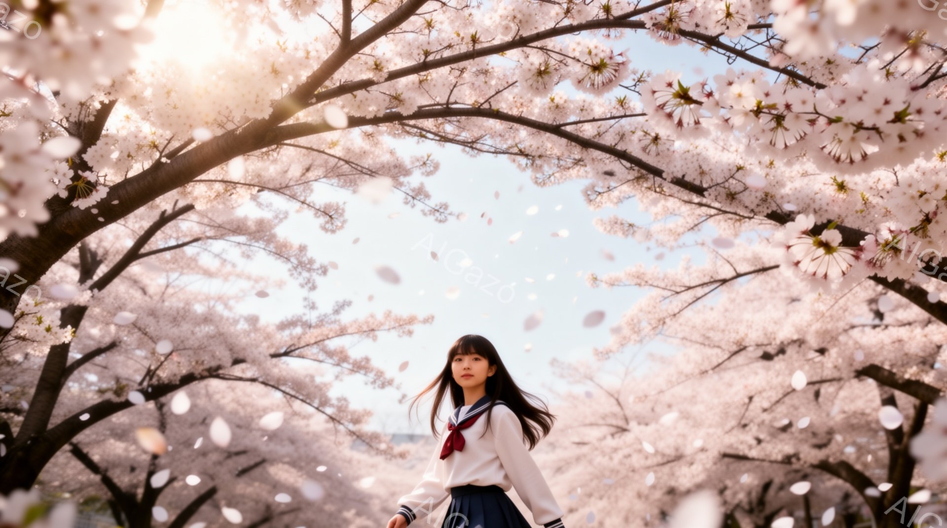 少女は紺色のスカートと白いセーラーシャツを着て、赤いリボンを結んでいます。彼女は少し上を見ており、長い黒髪が風になびいています。背景には満開の桜並木があり、桜の花びらが舞い散り、春の穏やかで美しい雰囲 - AI生成フリー素材
