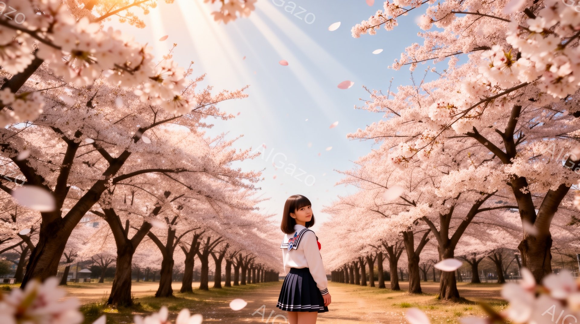 画像には、桜並木の中を歩く女子高生が写っています。彼女はセーラー服に黒いスカートを履き、髪は肩までの長さでストレートです。桜の花びらが舞い散る中、彼女は後ろを振り返らず、まっすぐ前を見て歩いています。