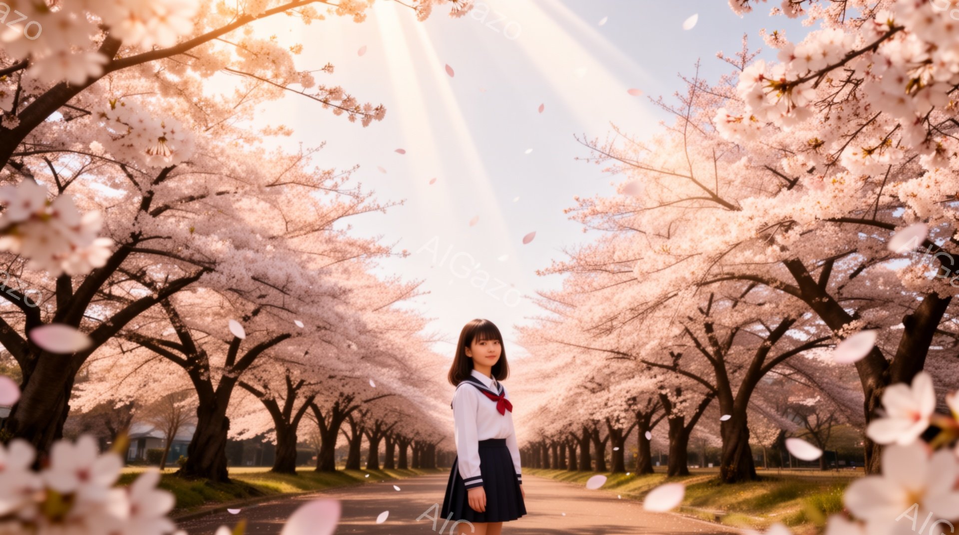 画像には、桜並木の真ん中に立つ女子高生が写っています。彼女は白いシャツに紺色のスカート、リボンを締めた制服を着ており、黒髪を肩のあたりで切り揃えています。桜の花びらが舞い散る中、彼女は正面をまっすぐ見 - AI生成フリー素材