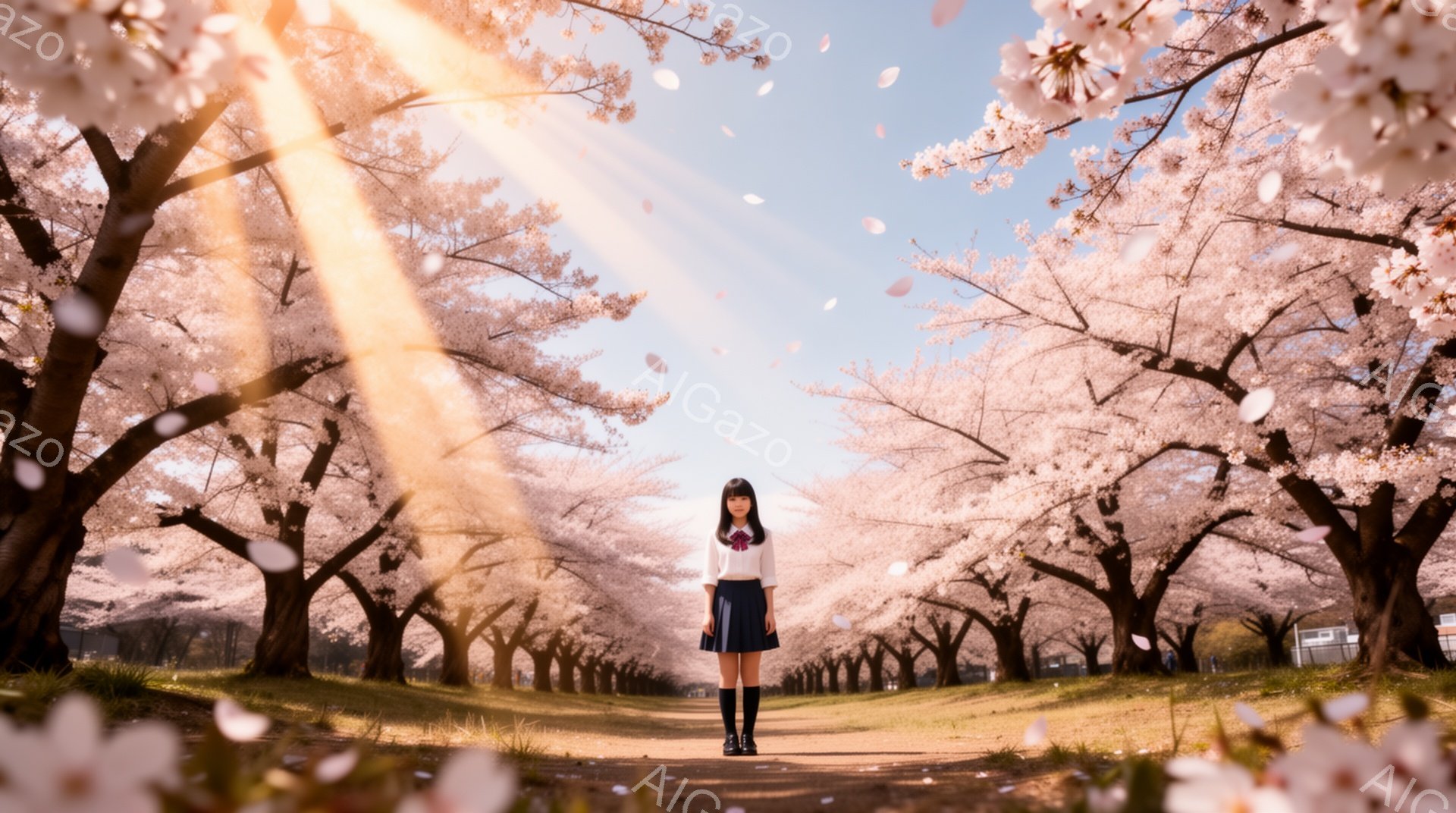 画像には、桜並木の中央に立つ女子高生が写っている。彼女は紺色のブレザー、白いシャツ、チェックのスカート、膝丈のソックス、黒い靴を着用し、髪は長くストレートで、正面を向いているが表情ははっきりと見えない。桜の花びらが舞い散り、背景の桜並木と太陽光が暖かく幻想的な雰囲気を醸し出している。