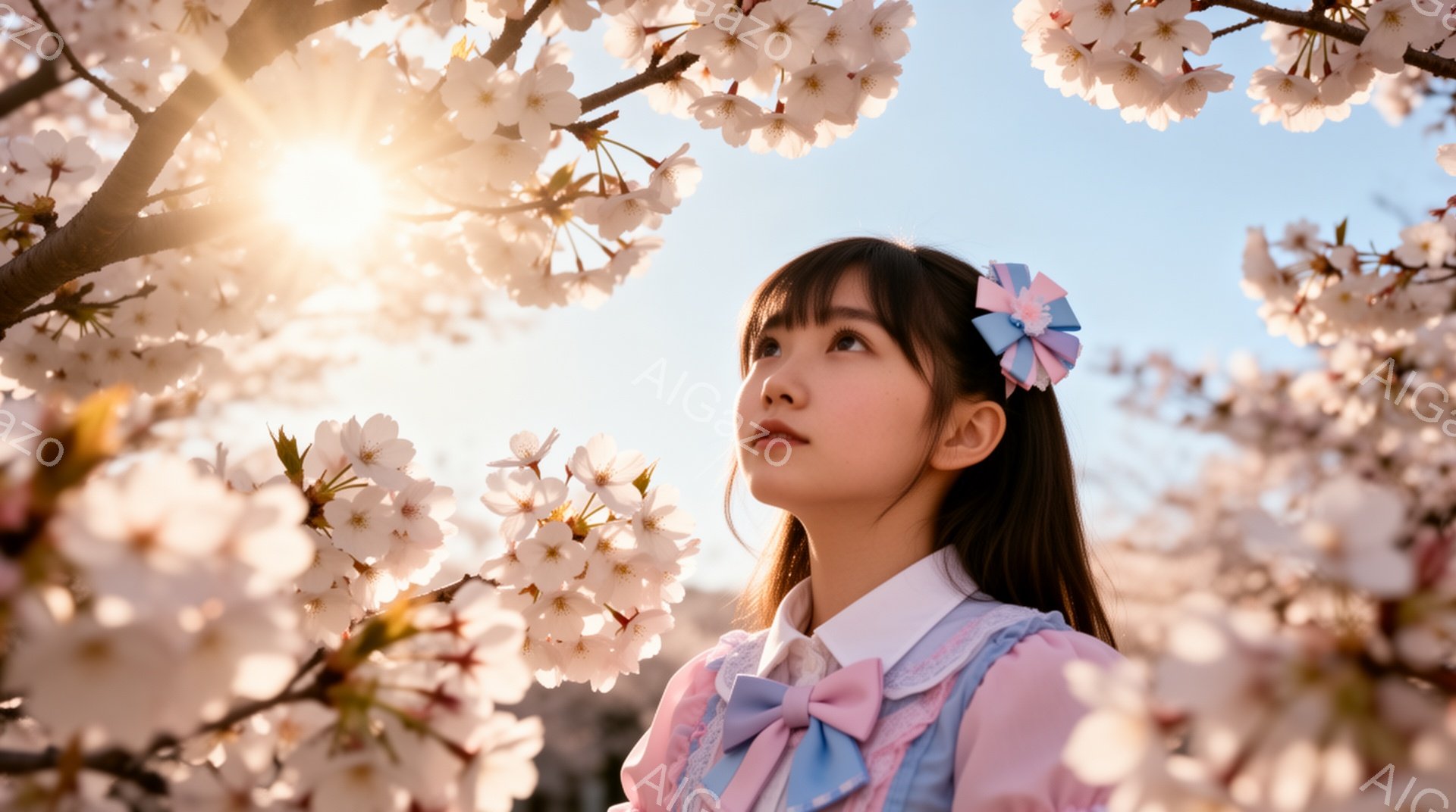 長い黒髪に水色のリボンをつけた少女が、桜並木の間に立って空を見上げている。淡いピンク色のフリル付きのワンピースを着ており、表情は穏やかで希望に満ちている。背景には、満開の桜とぼやけた街並みが広がり、春の暖かく優しい雰囲気を醸し出している。