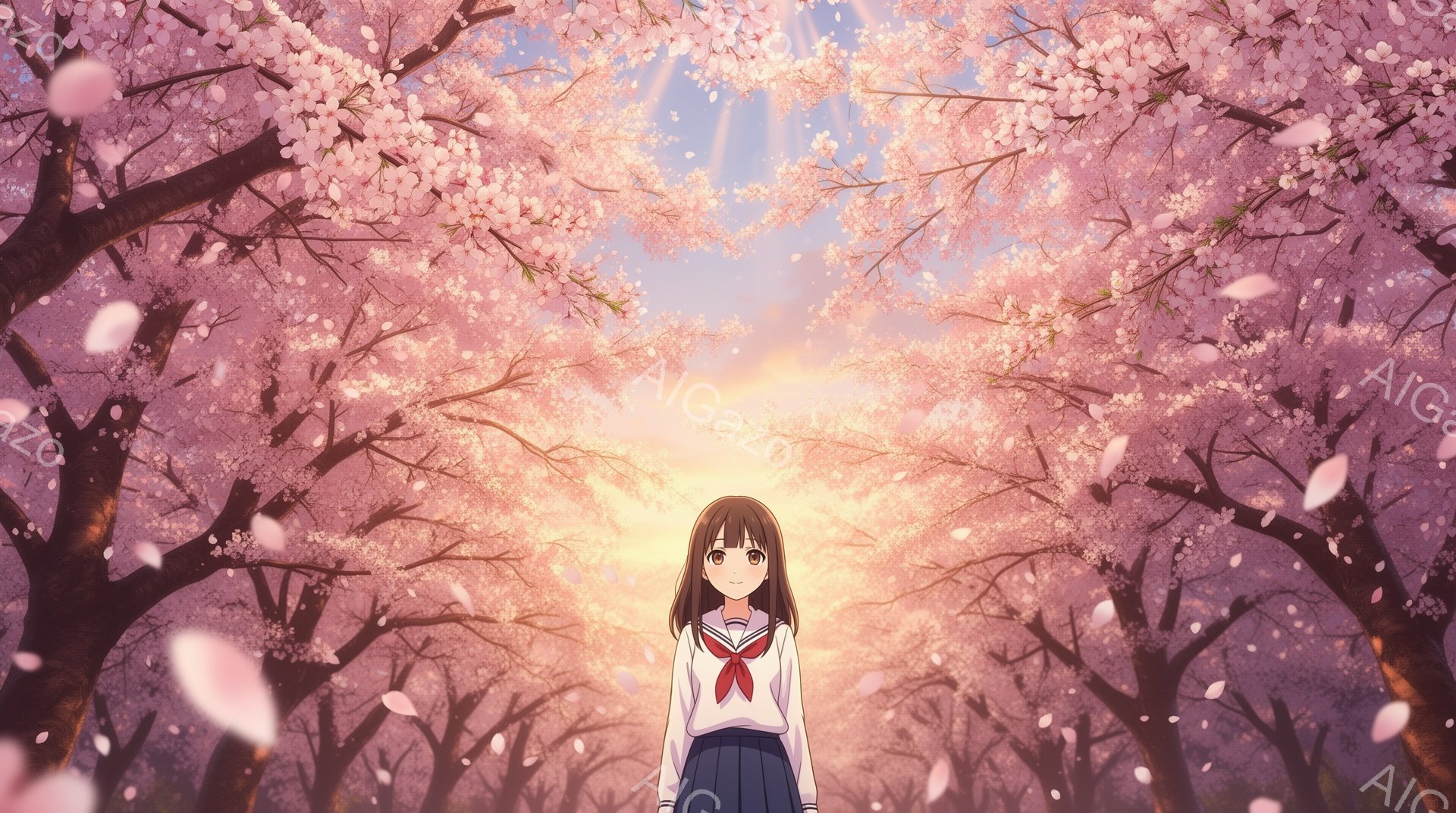 画像には、桜並木の中央に立つ女子高生が描かれています。彼女は、赤いリボンをつけたセーラー服姿で、微笑みを浮かべ、少し上を見ているようです。背景は満開の桜で、木々から舞い散る花びらが幻想的な雰囲気を醸し - AI生成フリー素材