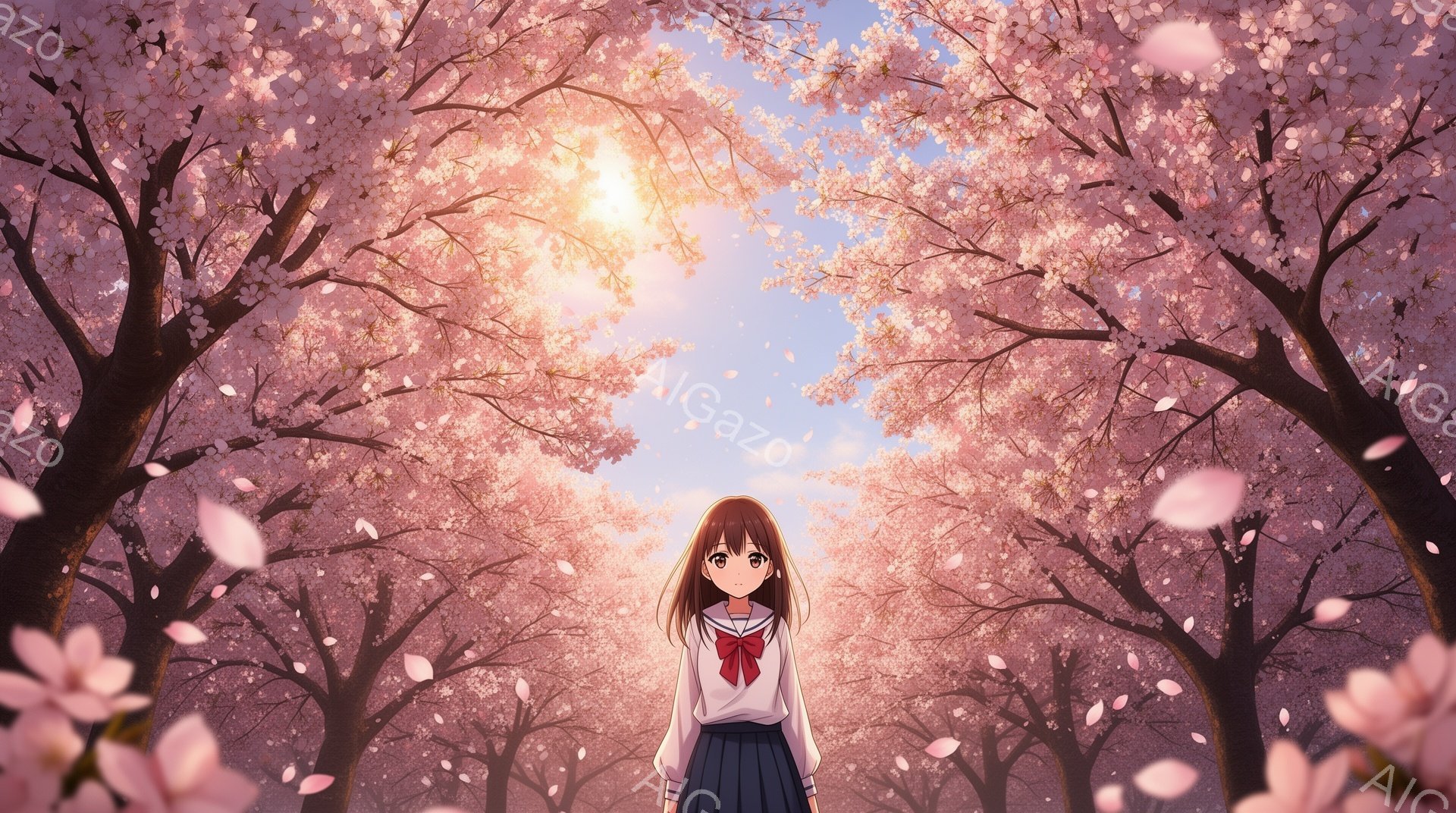 画像は、桜並木の真ん中に立つ少女を描いています。彼女はセーラー服を着ており、赤色のリボンが目を引きます。桜の花びらが舞い散る中、彼女はまっすぐ前を見つめ、少し微笑んでいるように見えます。 - AI生成フリー素材