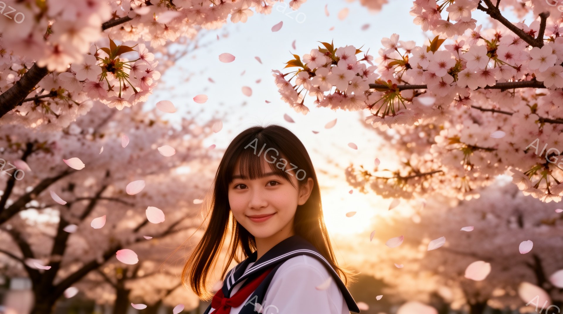 少女は桜の木の下で微笑んでいます。紺色のセーラー服を着て、前髪を下ろしたロングヘアが特徴的です。背景には満開の桜並木が広がり、日の光が差し込み、春の暖かく穏やかな雰囲気が漂っています。 - AI生成フリー素材
