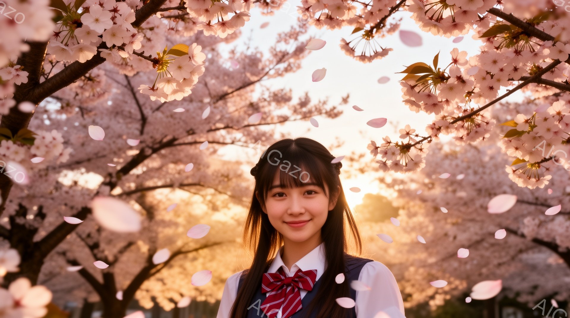 明るい笑顔を浮かべた若い女性が、満開の桜並木の前に立っている。紺色のブレザーに白いシャツ、赤い縞模様のネクタイとリボンがアクセントになった制服姿で、髪はセンターパートで分けている。背景には柔らかな光が差し込み、桜の花びらが舞い散る様子が春の暖かさと希望を感じさせる。