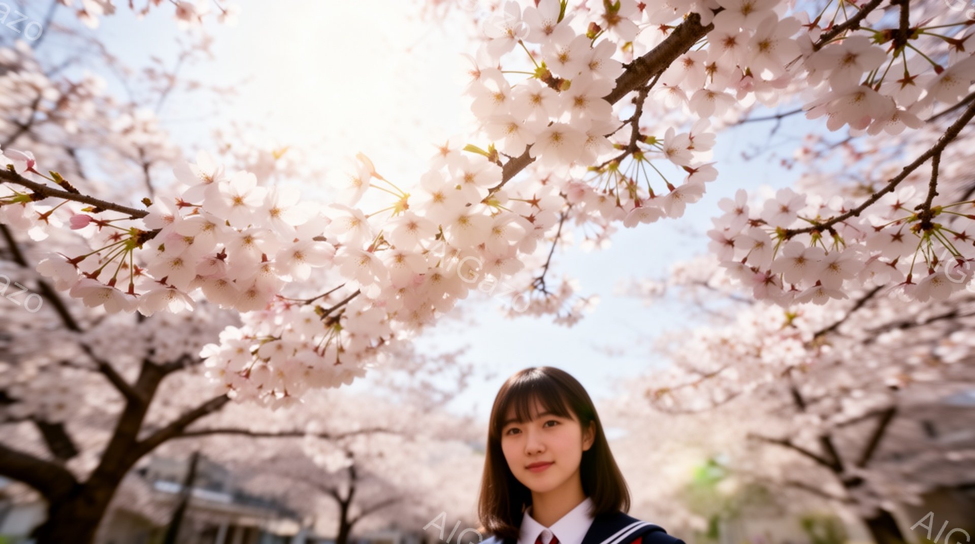セーラー服を着た若い女性が、満開の桜並木の前に立っている。彼女は微笑んでおり、前髪を少し横に流したショートヘアが特徴的だ。背景にはぼやけた建物と青空が見え、春の穏やかで華やかな雰囲気を伝えている。 - AI生成フリー素材