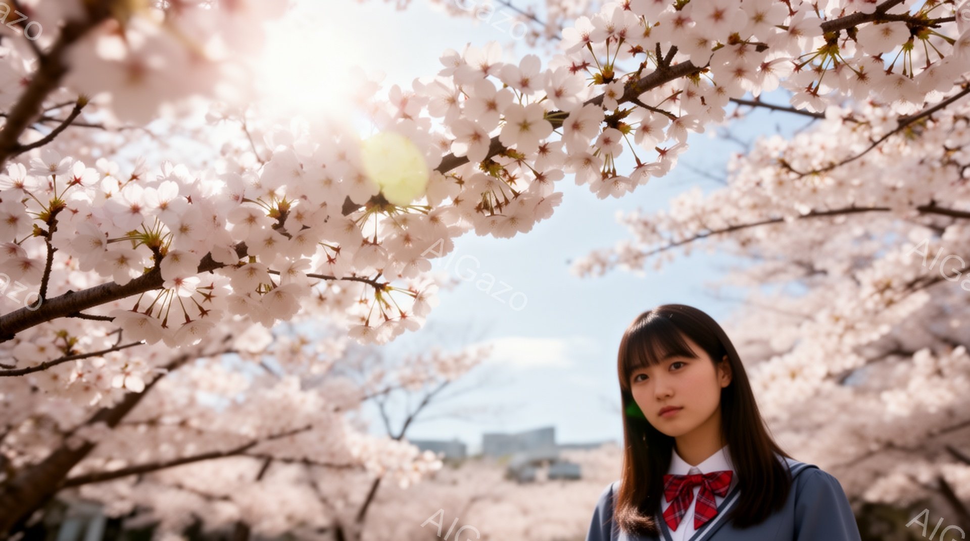 画像は、桜の花が咲き乱れる中、制服を着た若い女性が写っている。彼女は黒髪のショートボブで、赤いネクタイと白いシャツを合わせ、少し物憂げな表情で正面を見ている。背景にはぼやけた建物と明るい青空が見え、春の穏やかで美しい雰囲気を醸し出している。