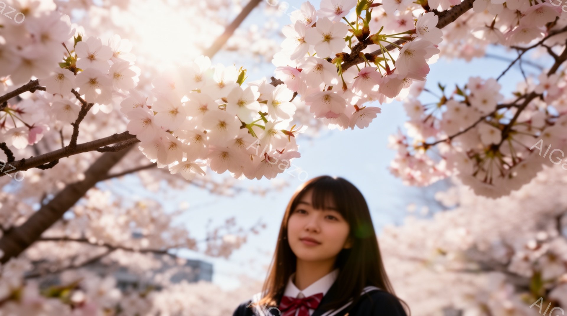 長い黒髪で前髪ぱっつんの女性が、紺色のセーラー服を着て、少し微笑んでいます。背景は満開の桜で、明るい日差しが差し込み、春の暖かな雰囲気が漂っています。桜の花びらが女性の周りを囲み、柔らかく優しい印象を与えます。