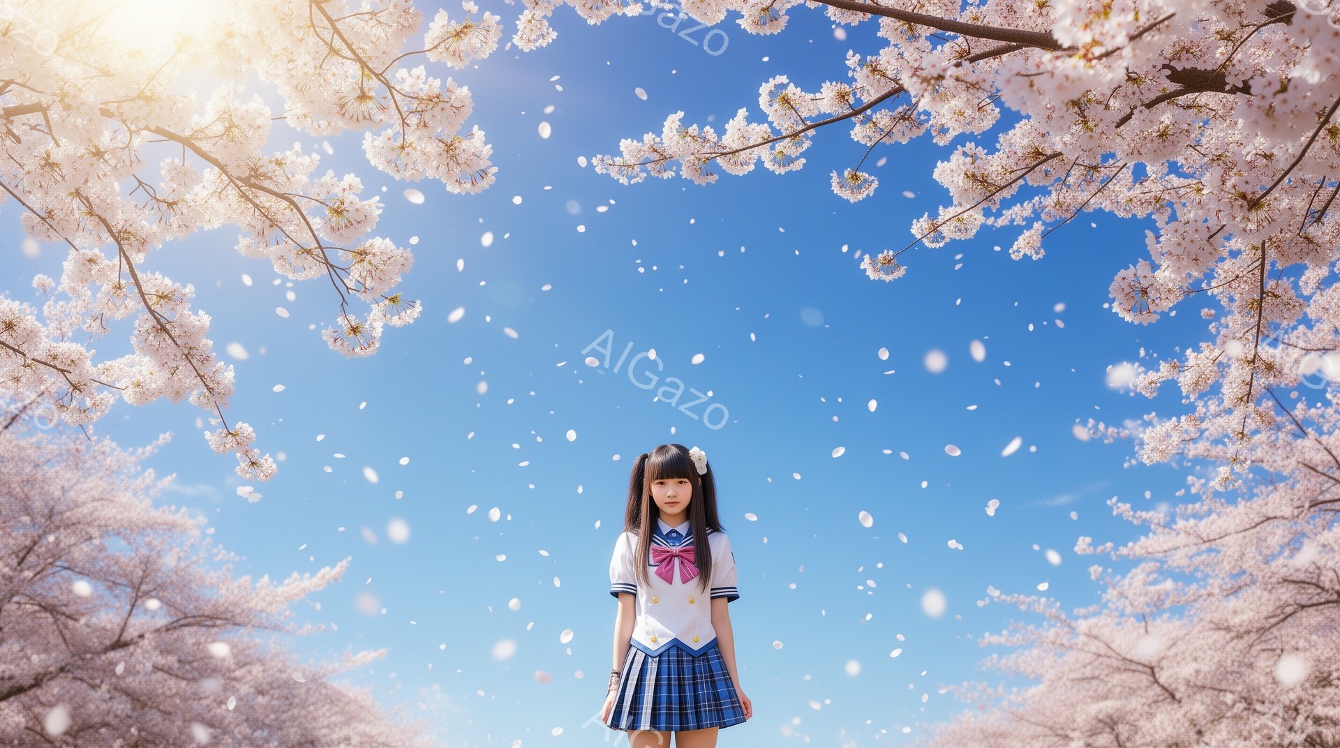 明るい青空の下、桜の花びらが舞う中、制服を着た少女が立っている。彼女は黒髪に白いリボンをつけ、前向きな表情でカメラを見つめている。背景には桜の木が咲き誇り、春の暖かく優しい雰囲気を醸し出している。 - AI生成フリー素材