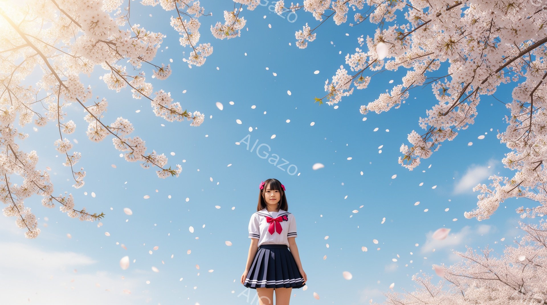 明るい青空の下、桜の花びらが舞う中、セーラー服を着た若い女性が正面を向いています。彼女は黒髪で前髪を切り揃え、無表情でカメラを見ています。背景は満開の桜並木で、春の暖かく穏やかな雰囲気を醸し出していま - AI生成フリー素材