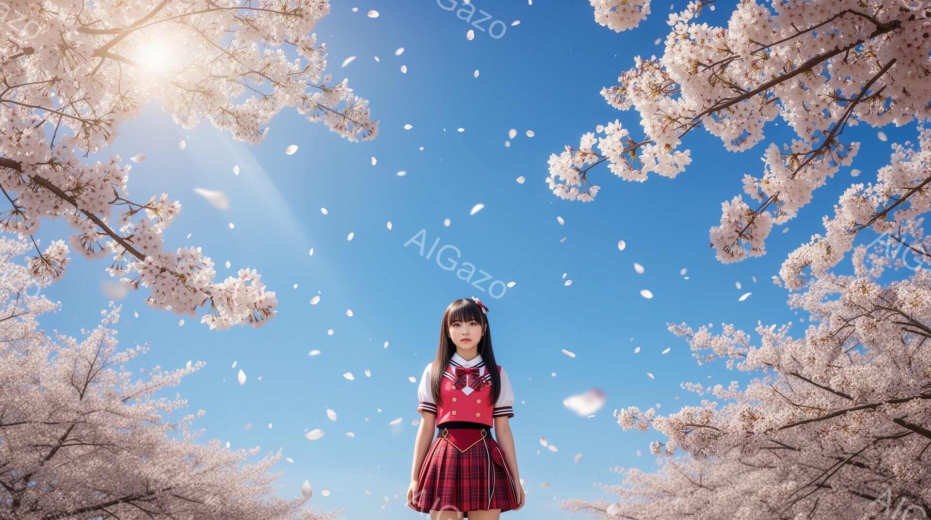 少女は、チェック柄のスカートと、濃い緑色のブレザーを着ています。彼女は長い黒髪で、前髪はきちんと整えられ、少し微笑んでいる表情をしています。背景は満開の桜並木で、青空を背景に桜の花びらが舞い散り、春の - AI生成フリー素材