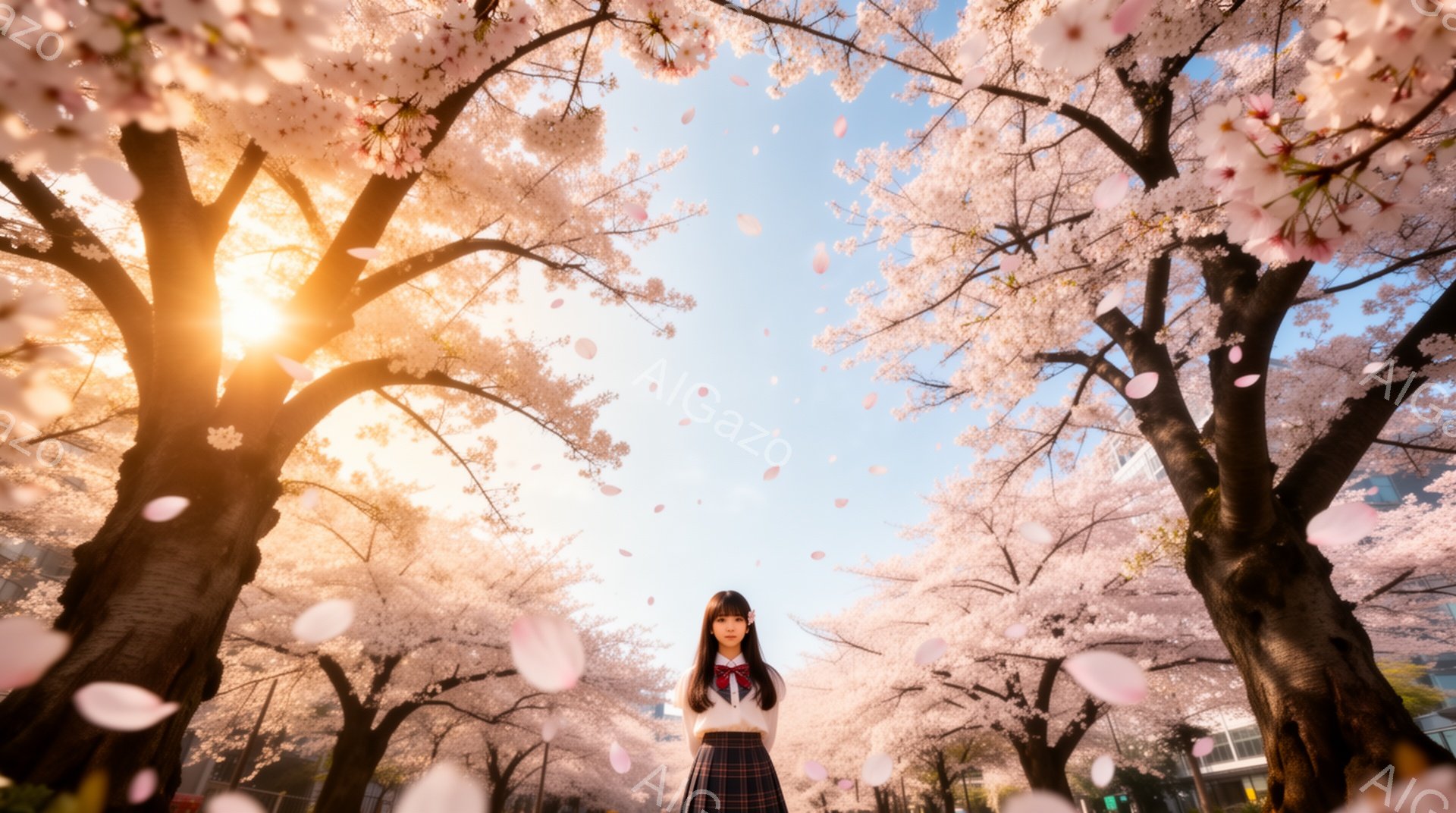 セーラー服を着た若い女性が、桜並木の中央に立っている。彼女は長い黒髪で、少し微笑んでいる。背景には、薄いピンク色の桜の花びらが舞い、太陽の光が差し込み、春の暖かい雰囲気を醸し出している。