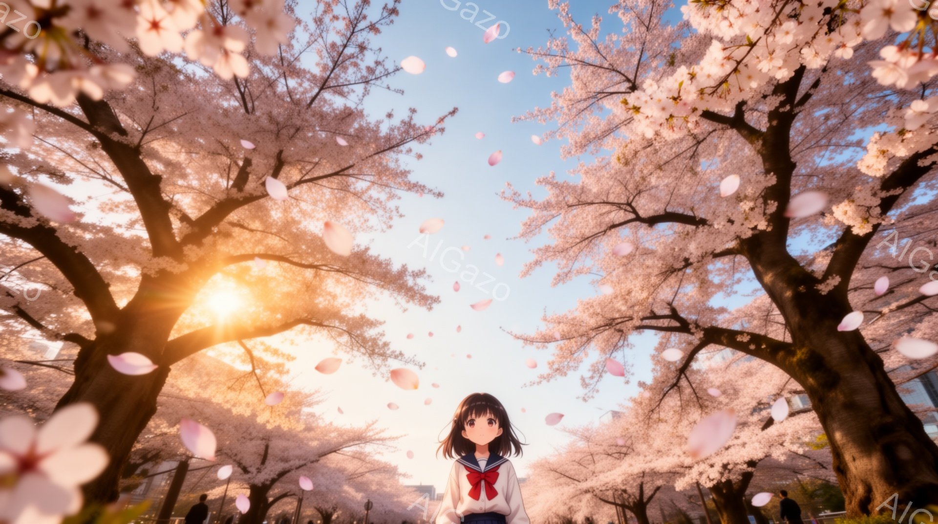 黒髪のショートヘアの少女が、白いシャツに濃い紺色のブレザー、赤いリボンを付けた制服を着て立っている。桜の花びらが舞い散る並木道で、彼女は正面を見据え、少し微笑んでいるように見える。背景には、薄明るい空 - AI生成フリー素材