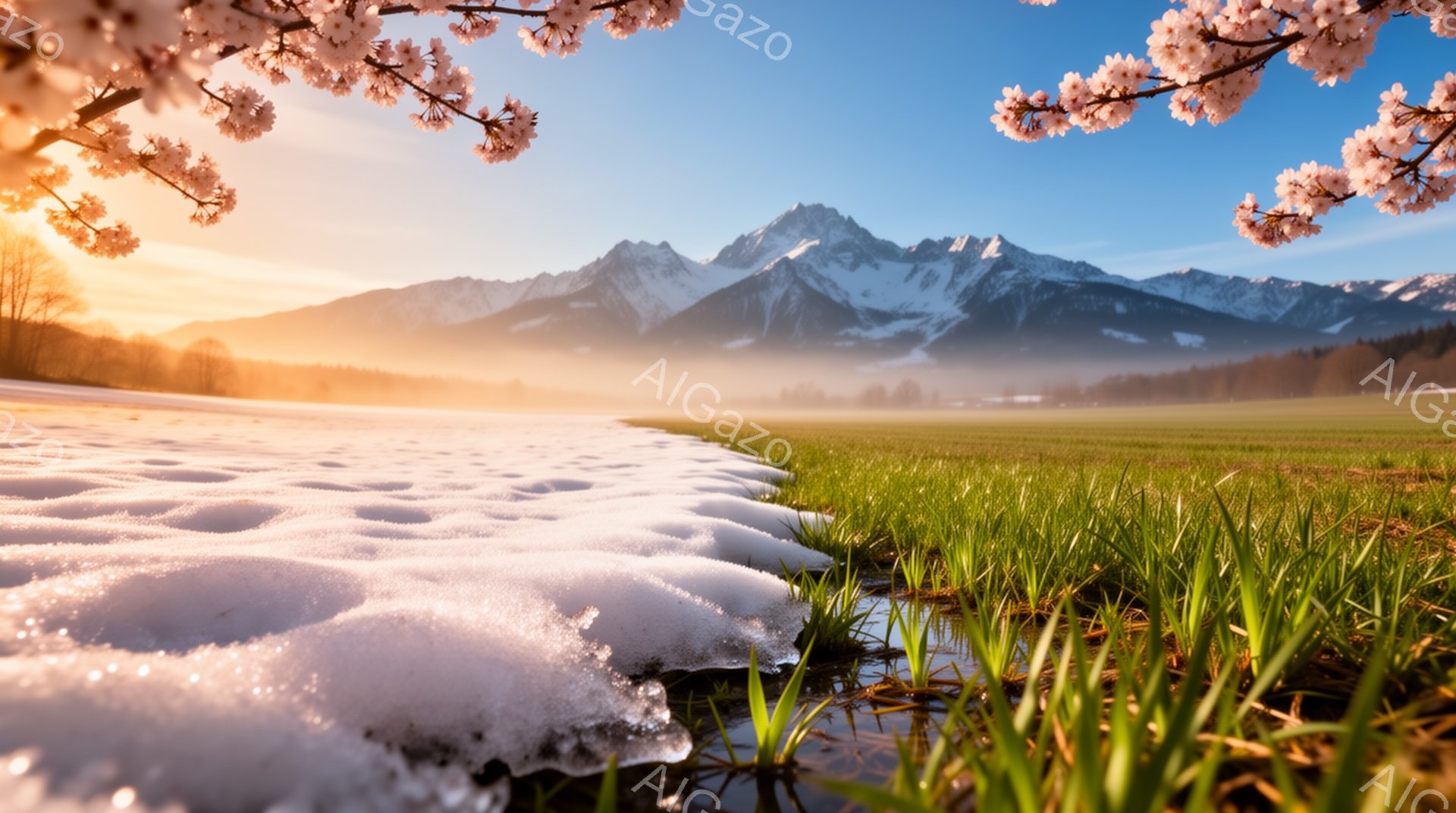 穏やかな春の朝の風景で、雪解け水が流れる草原が広がっています。遠くには雪を抱いた山々が連なり、空は朝焼けのオレンジ色と水色のグラデーションで染まっています。草の緑と雪の白のコントラストが鮮やかで、希望に満ちた静寂な雰囲気が漂っています。