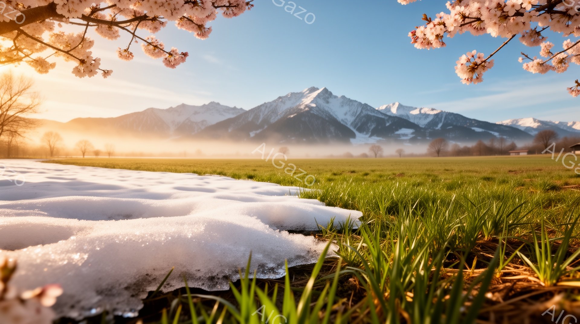広大な緑の牧草地が広がり、遠くには雪を抱いた山々がそびえ立っている。牧草地の片側にはまだ雪が残っており、春の訪れと冬の名残が入り混じった光景だ。朝日の光が柔らかく降り注ぎ、霧がかった山々と牧草地を暖か - AI生成フリー素材