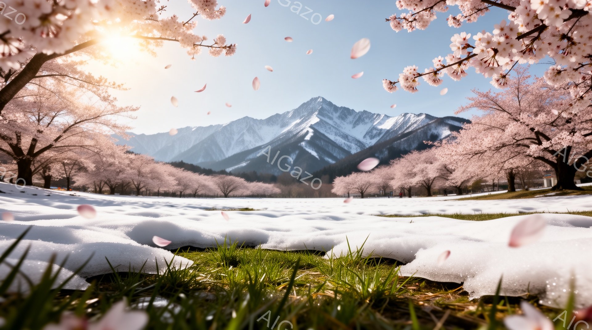 白く雪をまとった山々を背景に、満開の桜並木が広がる光景です。緑の草が生え始めた地面には、舞い散る桜の花びらが積もり、春の訪れを感じさせます。遠くには数人の人々が散策しており、穏やかで幻想的な雰囲気が漂 - AI生成フリー素材