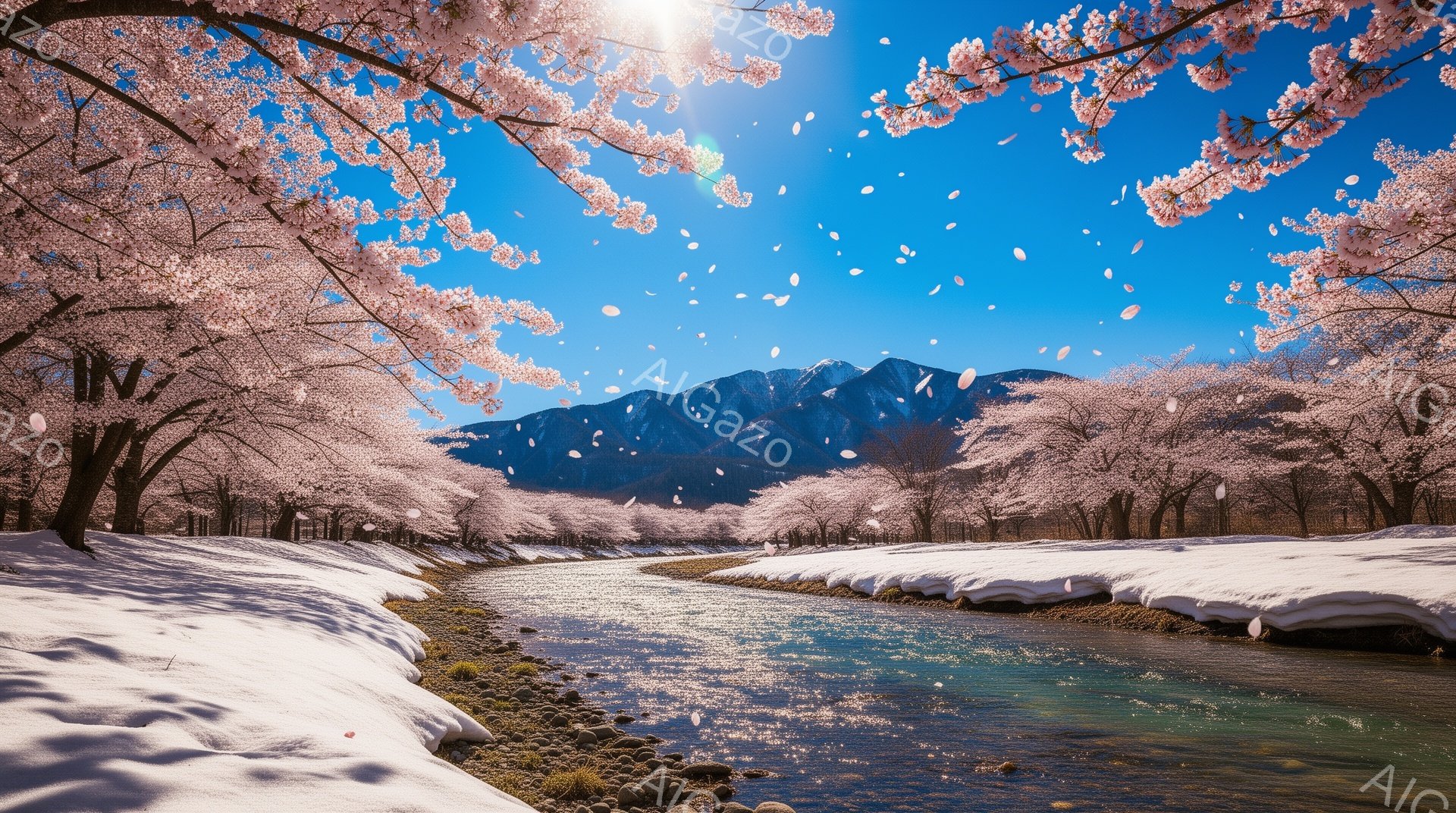雪解け水が流れる川の傍に桜並木が続き、満開の桜の花びらが舞い散っている美しい風景です。遠景には雪を抱いた山々が連なり、青空と桜のコントラストが春の訪れを告げています。水面は太陽の光を反射し、きらきらと輝き、穏やかで平和な雰囲気を醸し出しています。