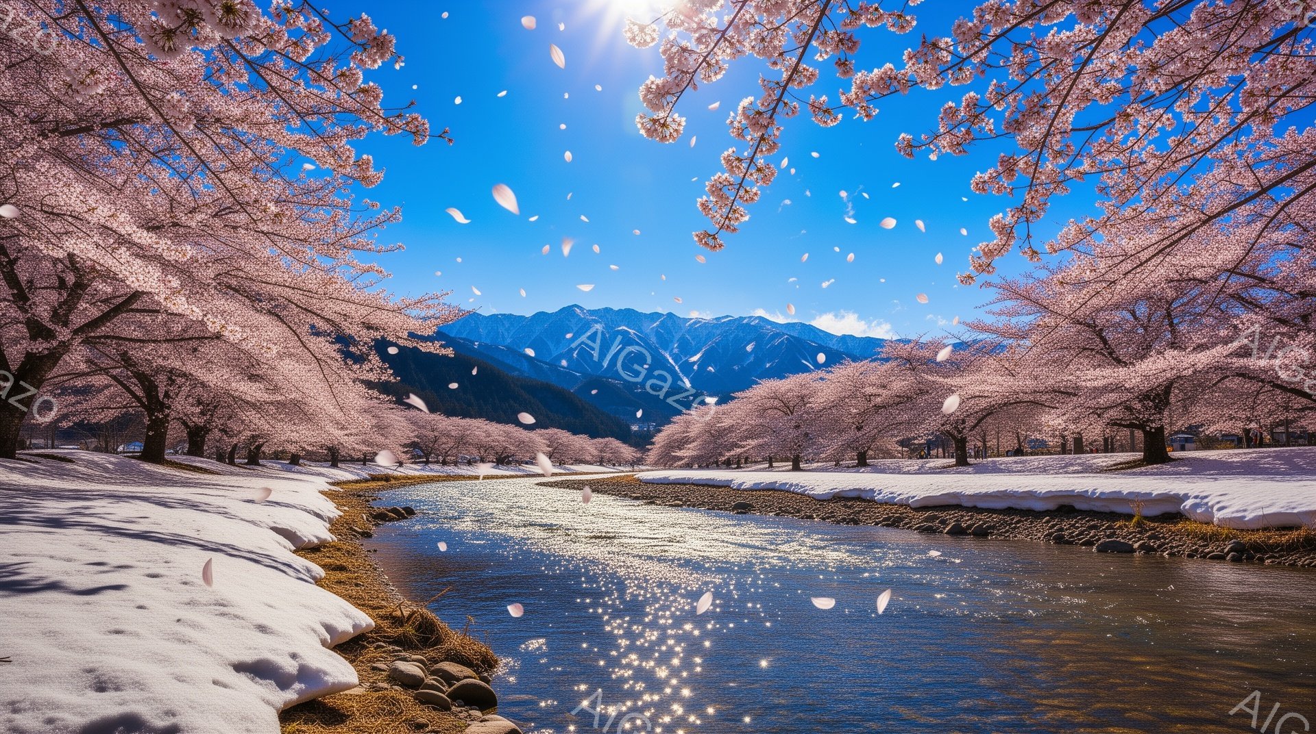 鮮やかな青空の下、雪解け水が流れる小川の両岸に桜並木が咲き誇り、散り始めた花びらが水面や地面に舞っている。遠景には雪を抱いた山々が連なり、春の訪れと冬の名残が共存する美しい風景を作り出している。川沿いには雪が残り、桜と雪のコントラストが印象的だ。