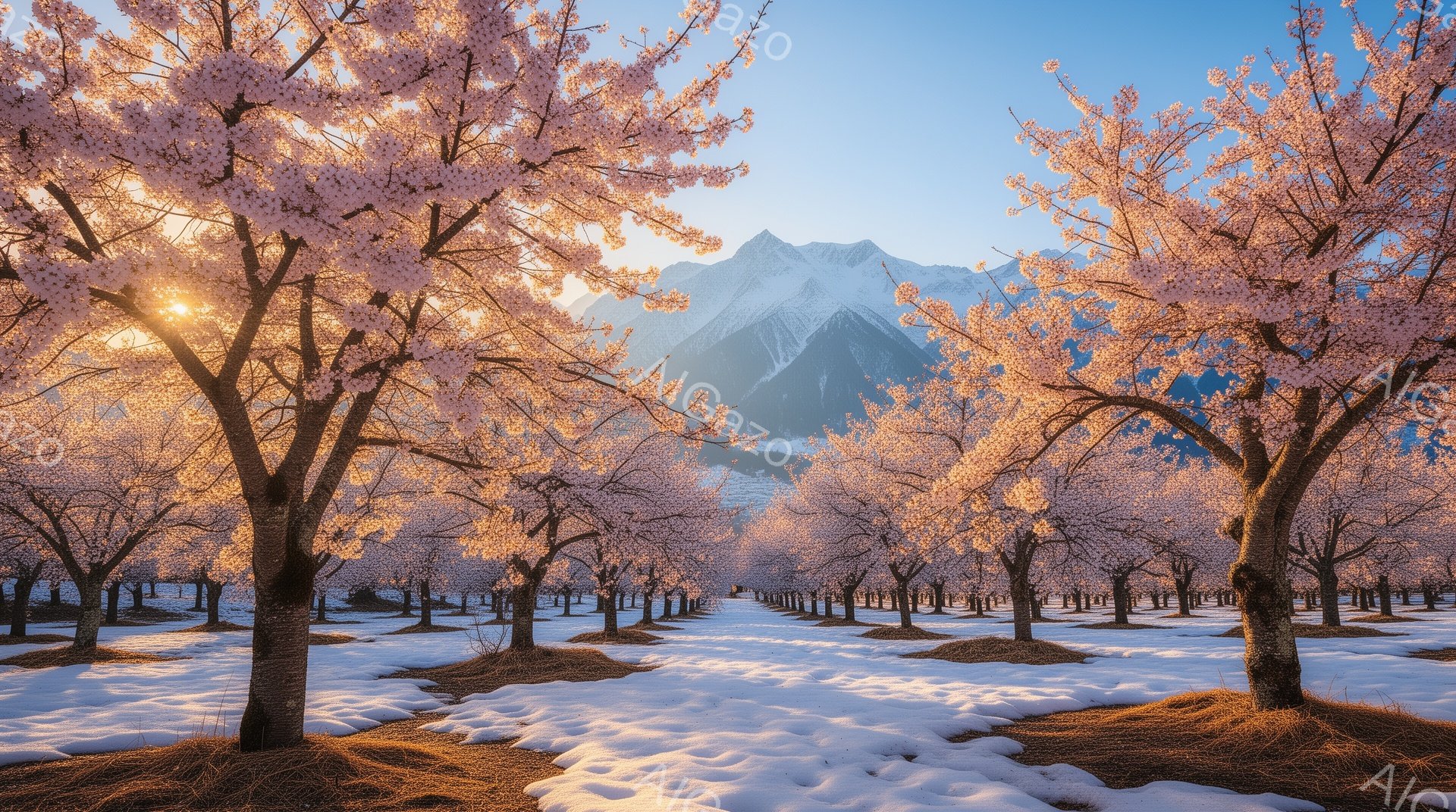 桜並木が雪景色の中に広がり、遠くには雪を抱いた山々がそびえ立っている。朝日が桜の花びらを通して差し込み、地面の雪を淡いピンク色に染め上げ、幻想的な雰囲気を醸し出している。規則的に並んだ桜の木々は、まる - AI生成フリー素材