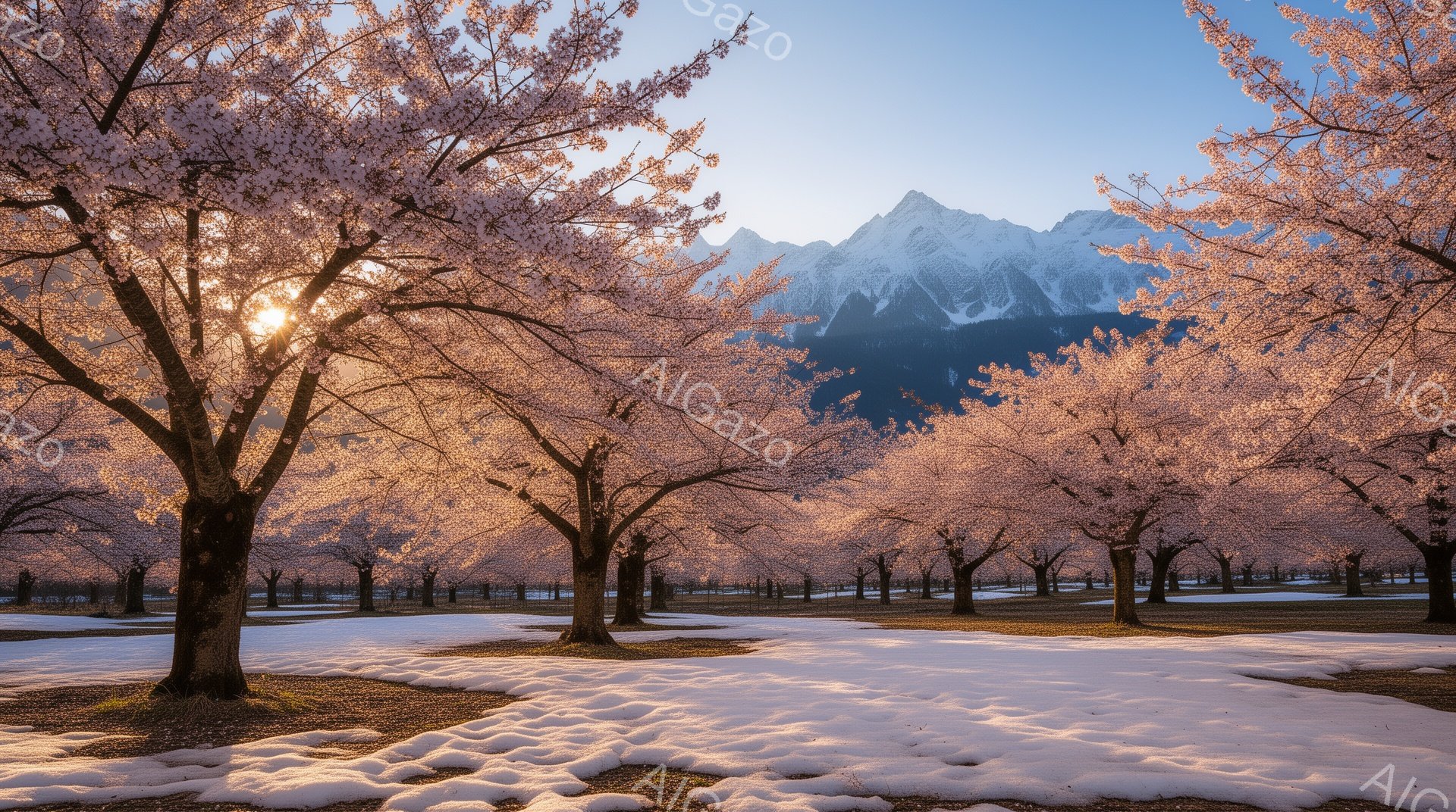 穏やかな春の朝、桜並木が広がり、その先に雪を抱いた山々がそびえ立っている。地面はまだ雪に覆われ、桜の花びらが舞い散る様子が想像される、幻想的な風景だ。桜の木々は満開で、柔らかい光に照らされ、春の訪れを - AI生成フリー素材