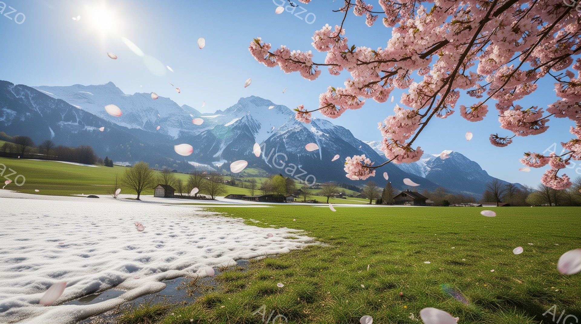 鮮やかな春の風景が広がっており、雪解けの草原と緑豊かな牧草地が広がる。遠景には雪を抱いた山々が連なり、青空の下で美しいコントラストを描いている。桜の花びらが舞い散る様子が春の訪れを告げ、穏やかで平和な雰囲気を醸し出している。